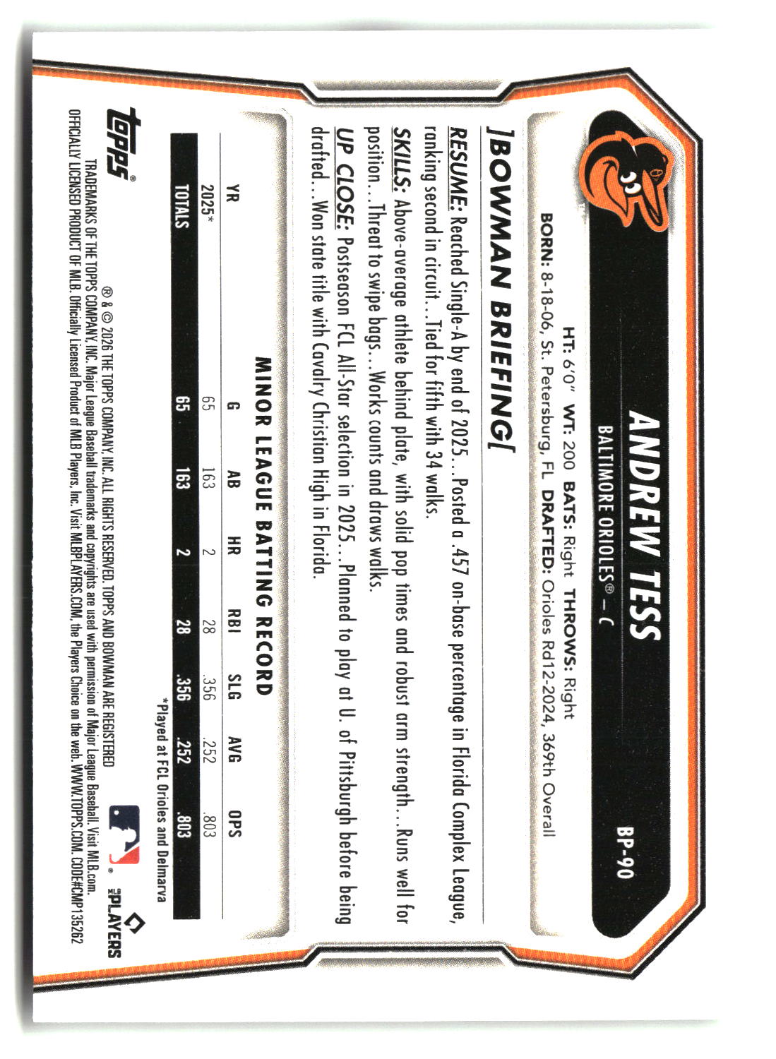 Andrew Tess 2026 Bowman Prospects #BP-90