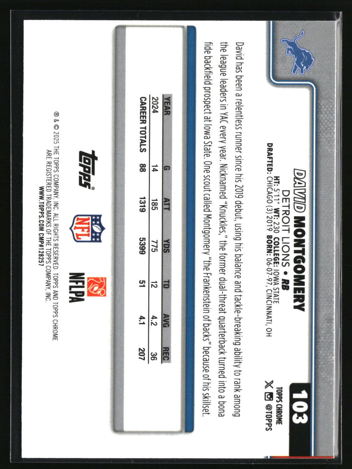 David Montgomery 2025 Topps Chrome Ray Wave Refractor #103