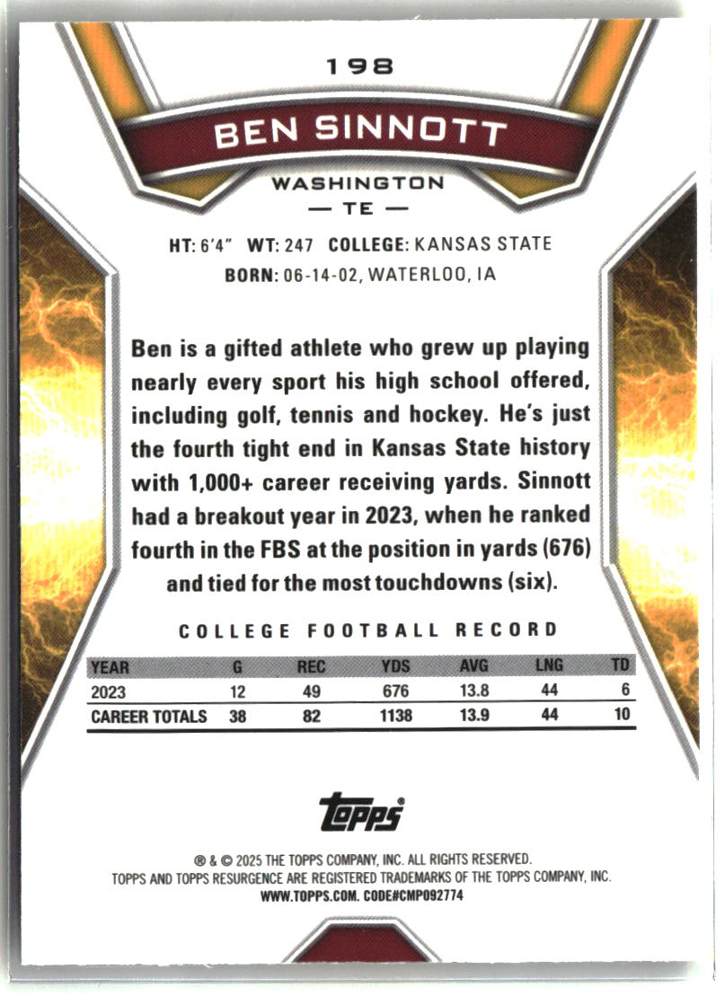 Ben Sinnott 2024 Topps Resurgence Yellow Surge #198 #/225