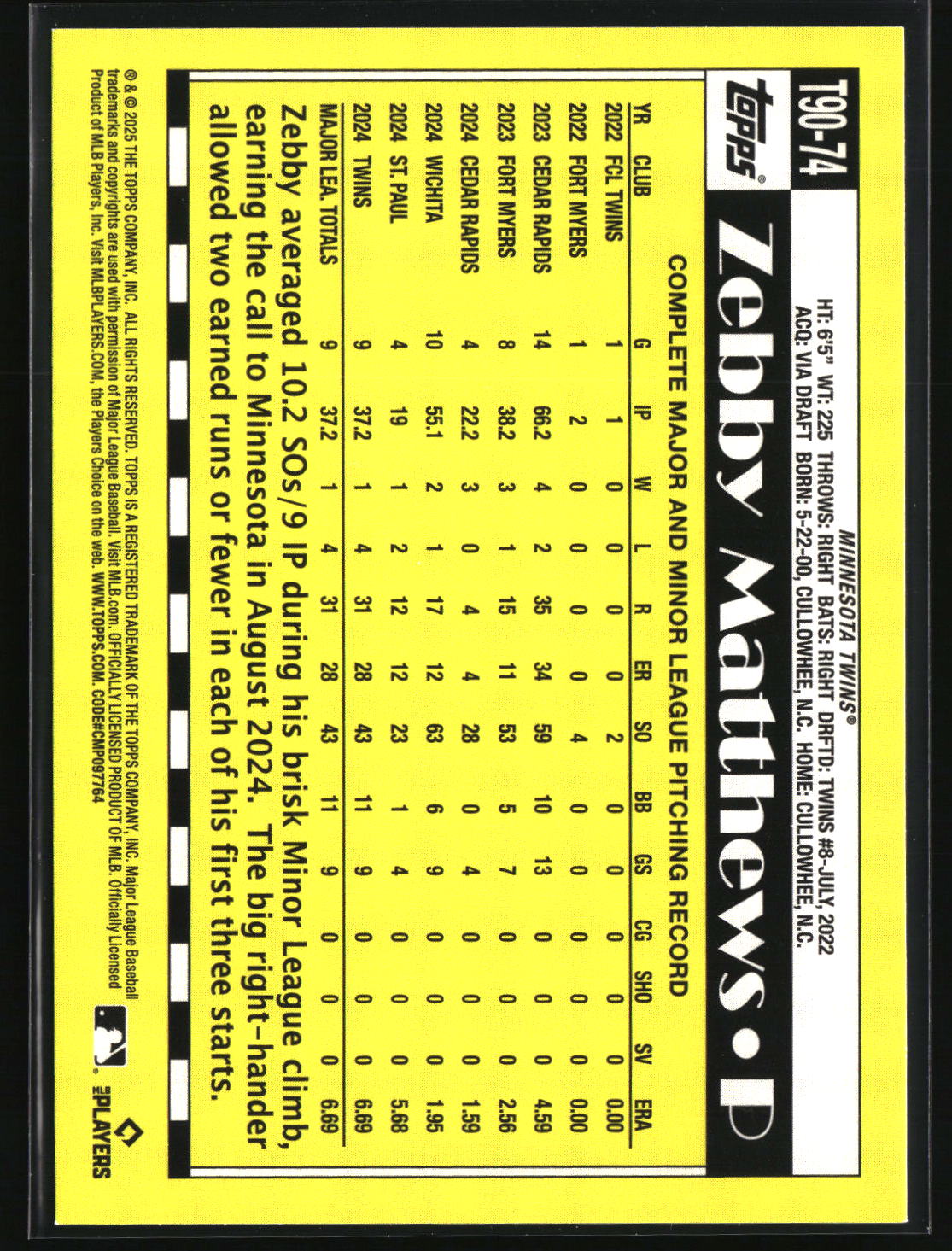 Zebby Matthews 2025 Topps 1990 Topps Baseball 35th Anniversary #T90-74