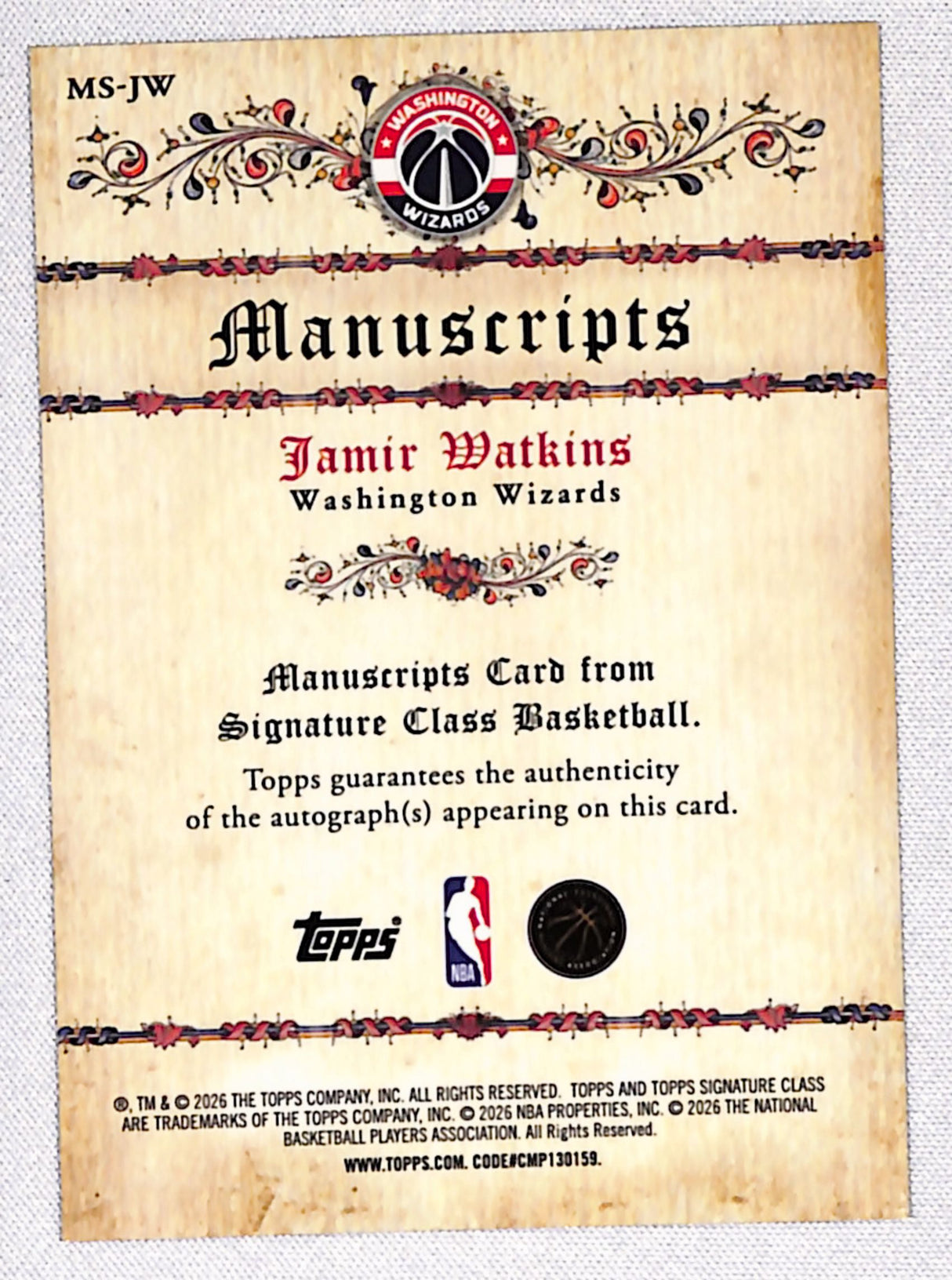 Jamir Watkins 2025-26 Topps Signature Class Manuscripts #MS-JW