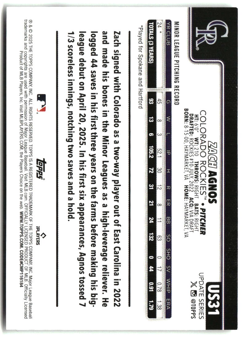 Zach Agnos 2025 Topps Update #US31