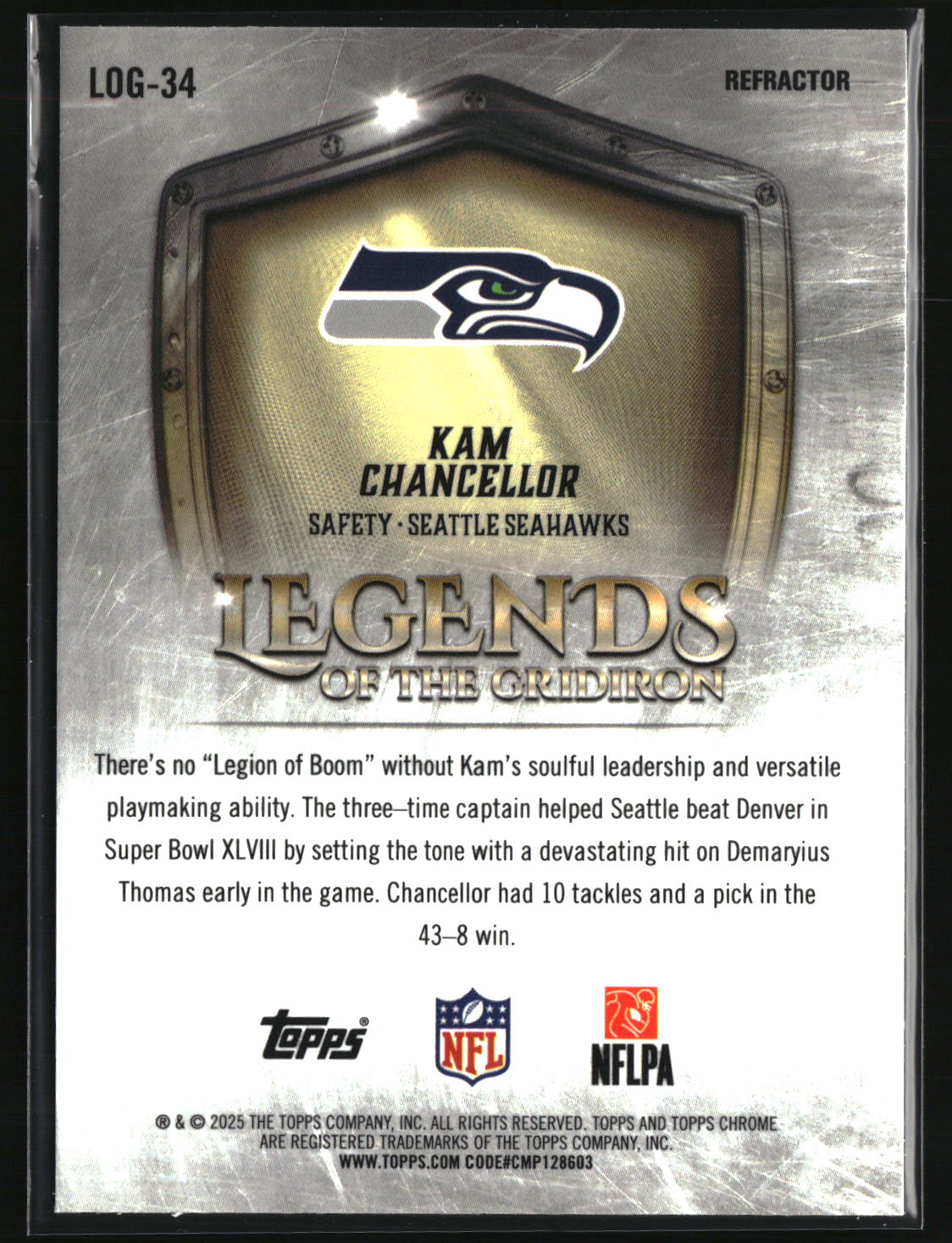 Kam Chancellor 2025 Chrome Football Legends Of The Gridiron Refractor #LOG-34