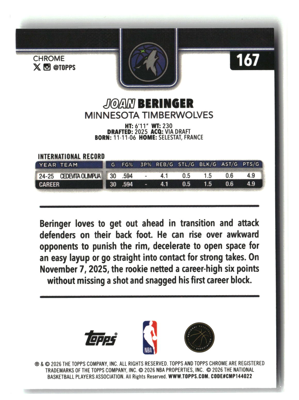 Joan Beringer 2025-26 Topps Chrome Update #167