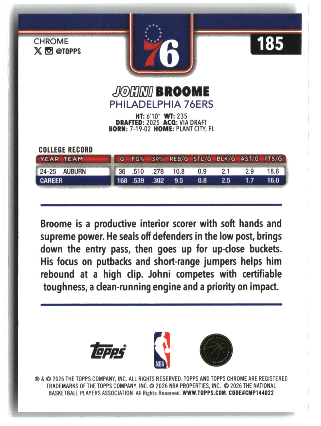Johni Broome 2025-26 Topps Chrome Update #185