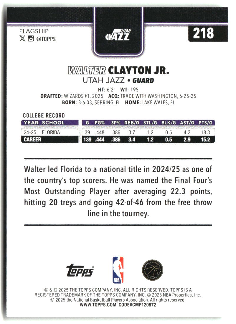 Walter Clayton Jr. 2025-26 Topps #218