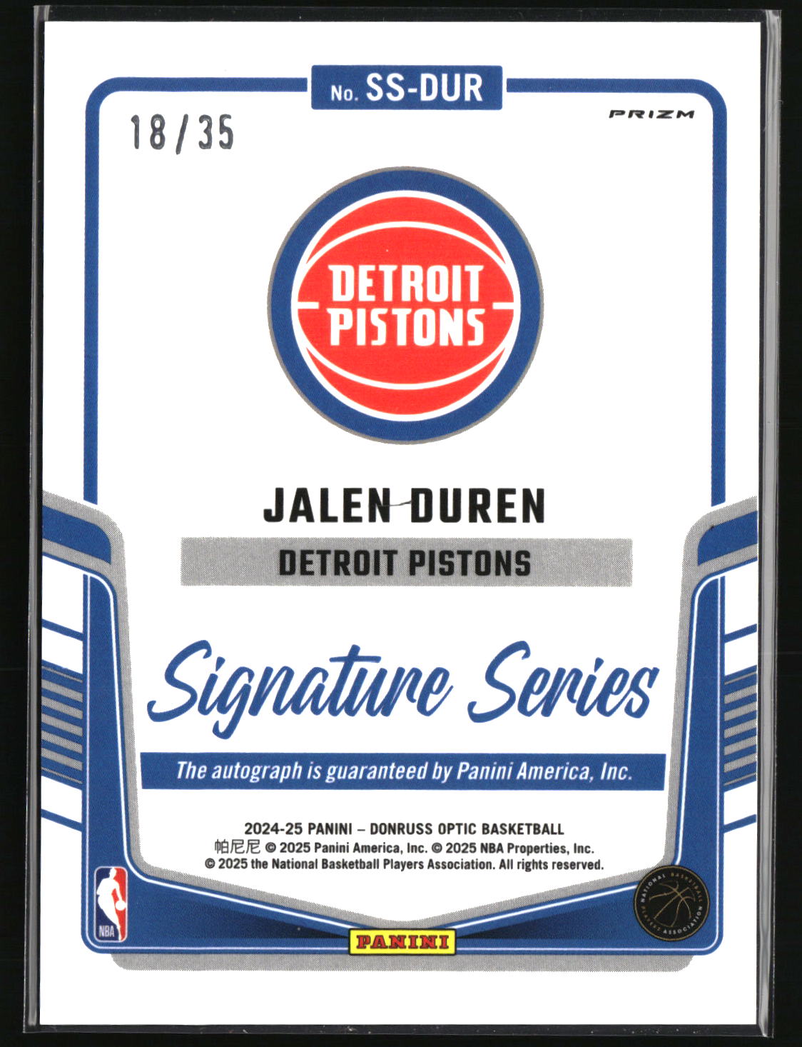 Jalen Duren 2024-25 Donruss Optic Signature Series Seismic #SS-DUR #/35