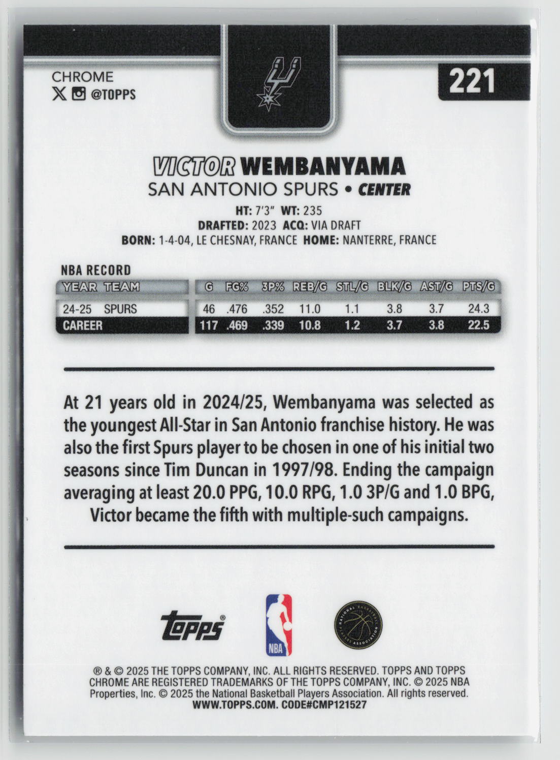 Victor Wembanyama 2025-26 Topps Chrome #221