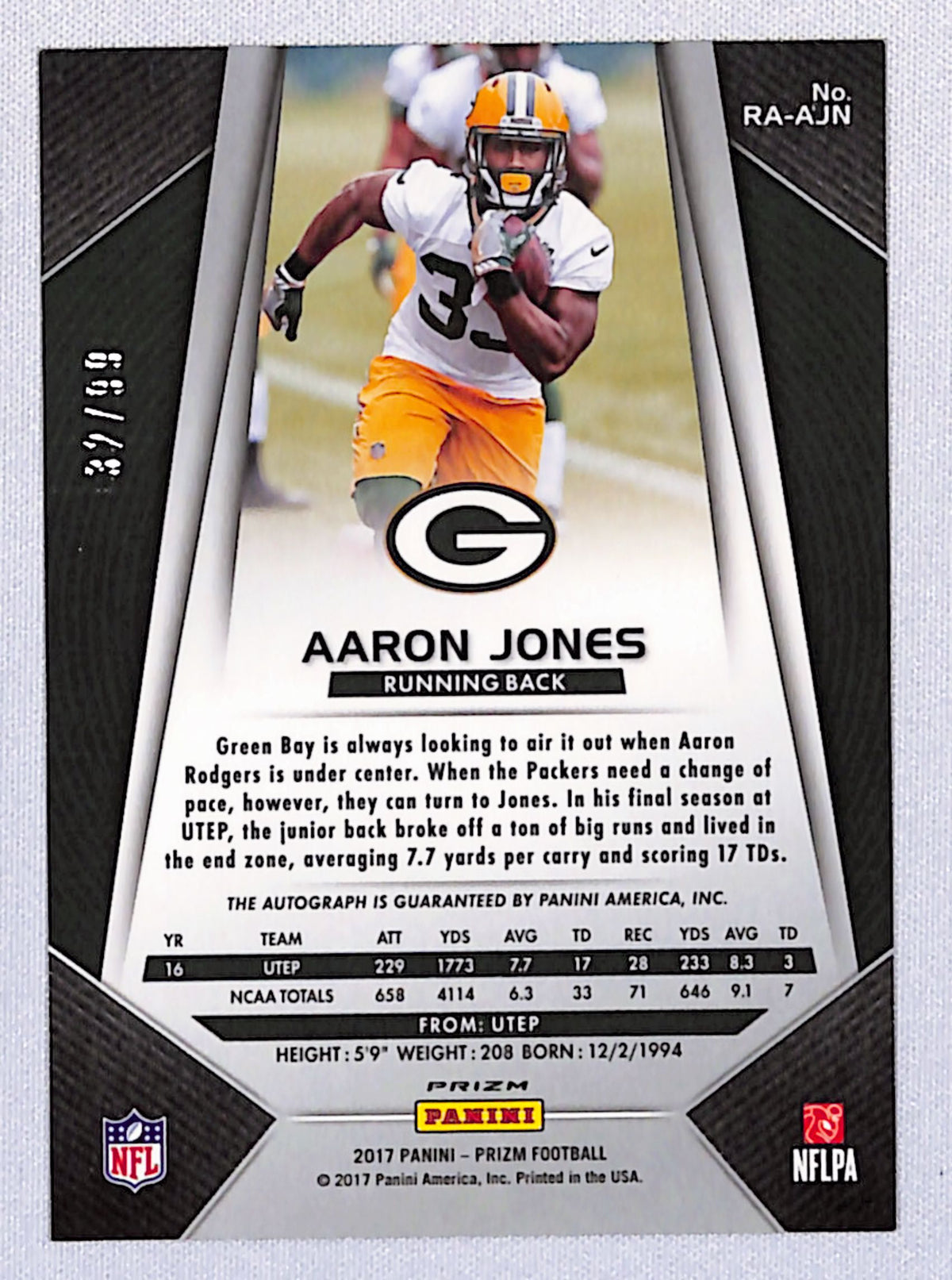 Aaron Jones 2017 Panini Prizm Rookie Autographs Prizm Green Scope #RA-AJN 32/99