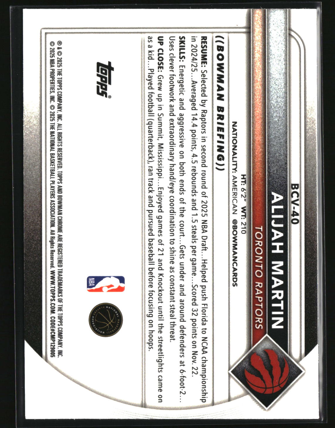 Alijah Martin 2025-26 Bowman Chrome Reptilian Refractor #BCV-40