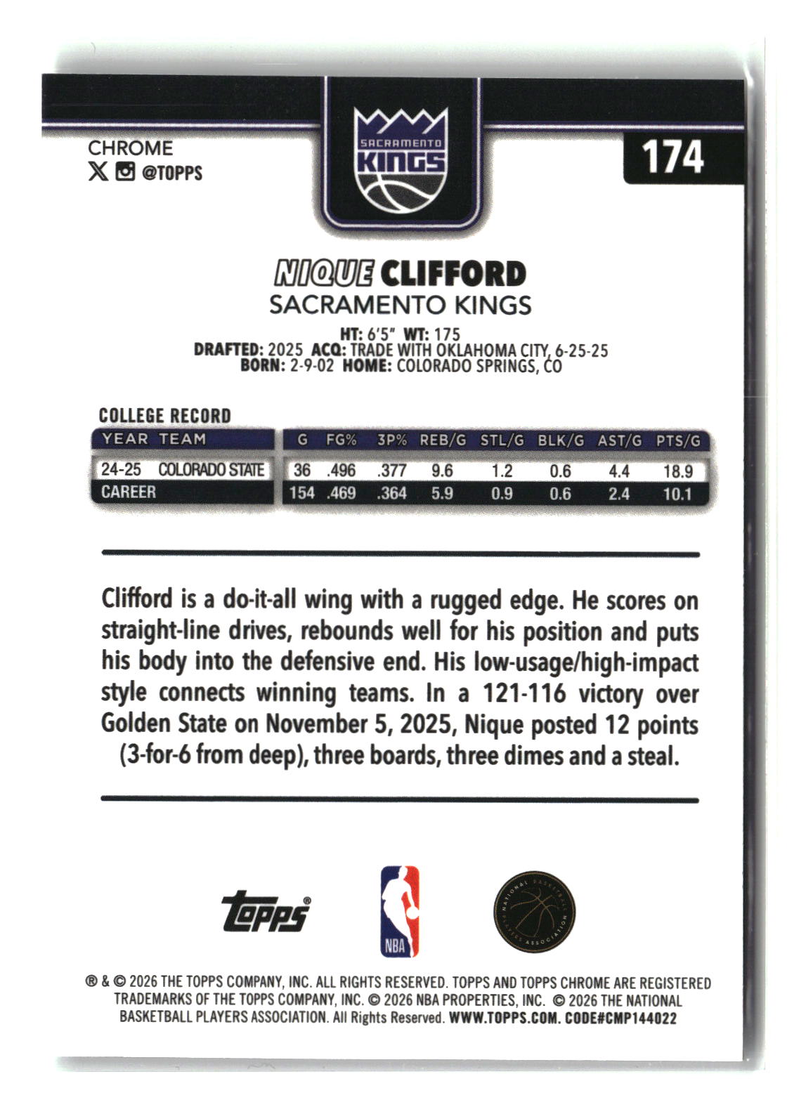 Nique Clifford 2025-26 Topps Chrome Update #174