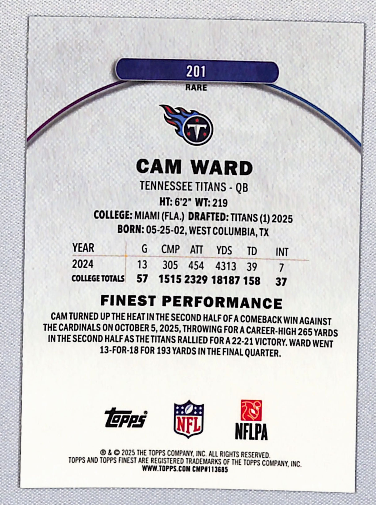 Cam Ward 2025 Finest Blue Refractor #201 #/99