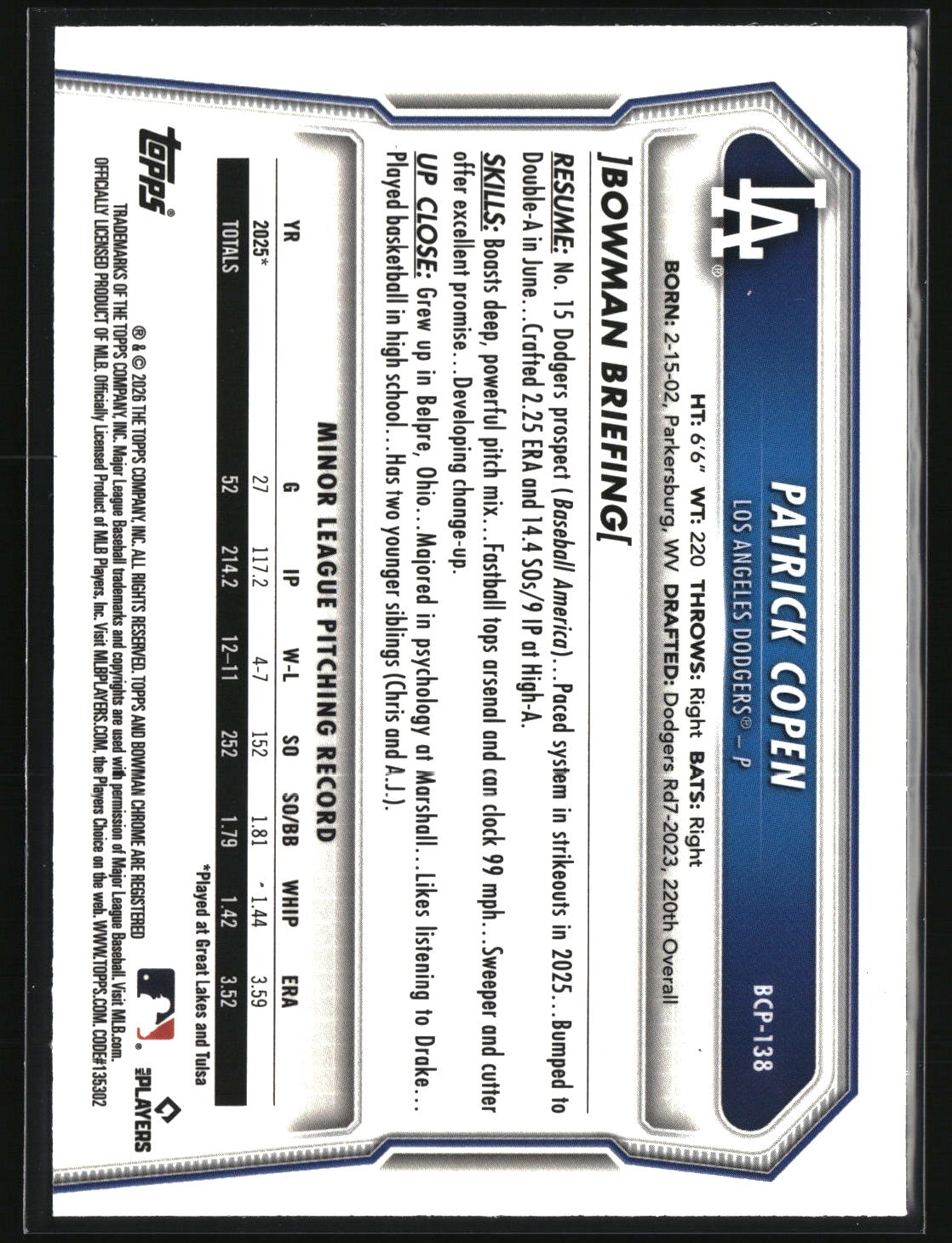 Patrick Copen 2026 Bowman Chrome Prospects #BCP-138