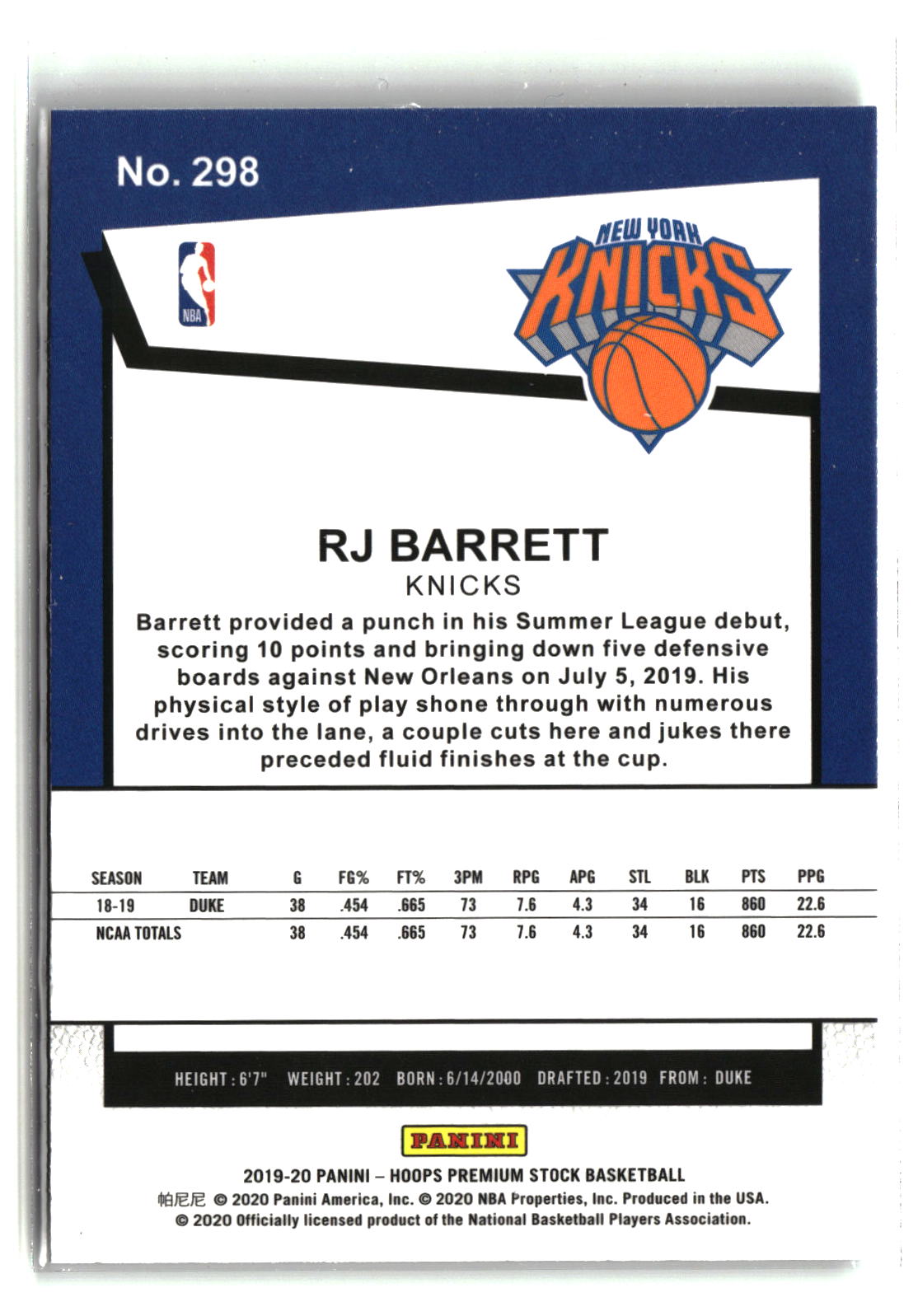 RJ Barrett 2019-20 Hoops Premium Stock #298