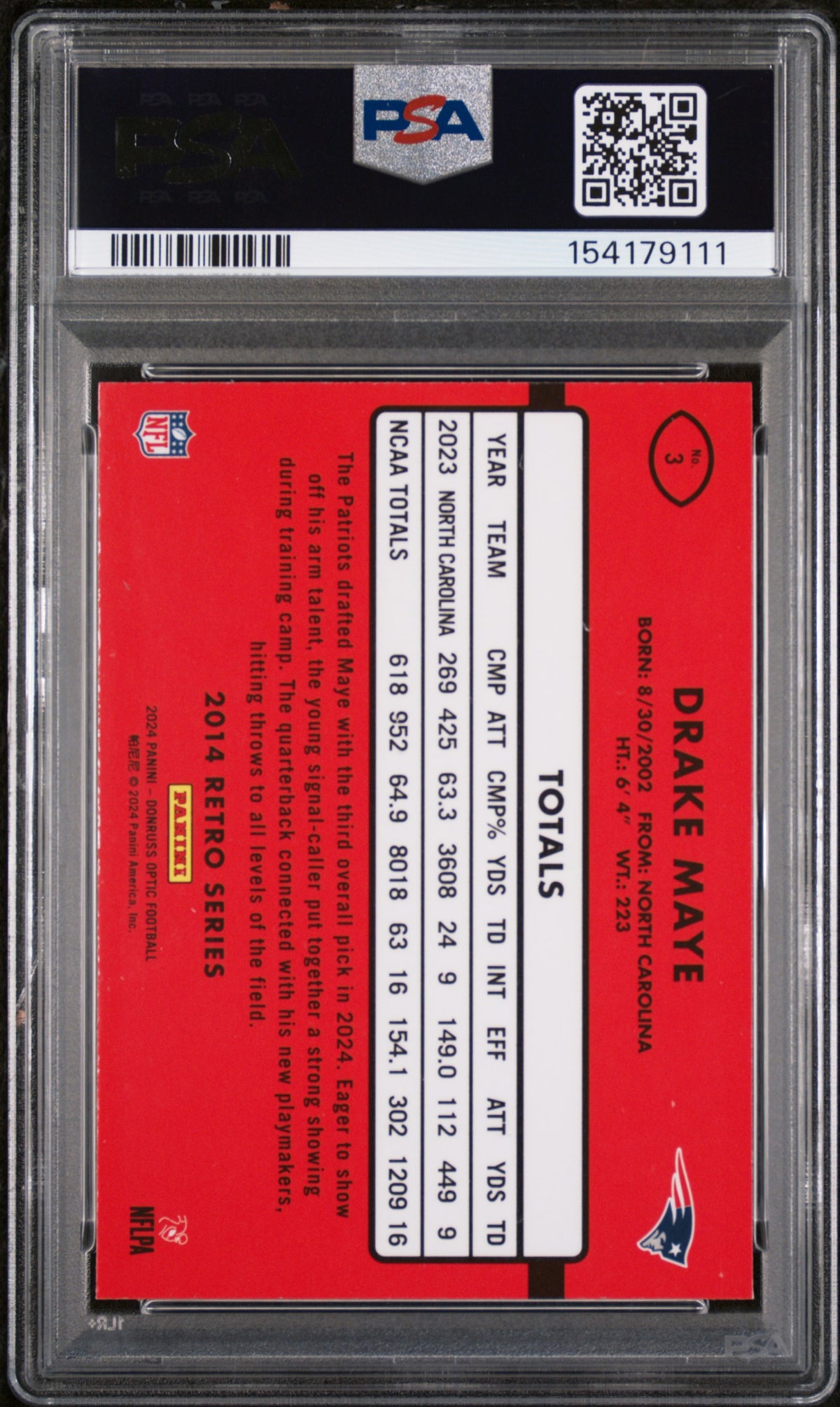 Drake Maye 2024 Panini Donruss Optic 2014 Retro Series #3 PSA 10