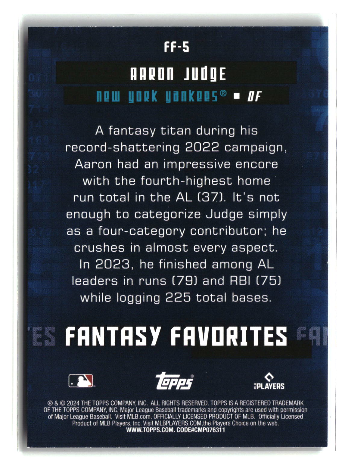 Aaron Judge 2024 Topps Fantasy Favorites Black #FF-5 #/299