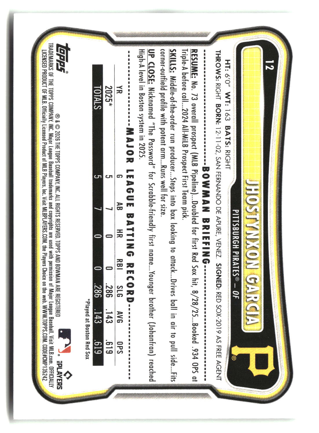 Jhostynxon Garcia 2026 Bowman #12