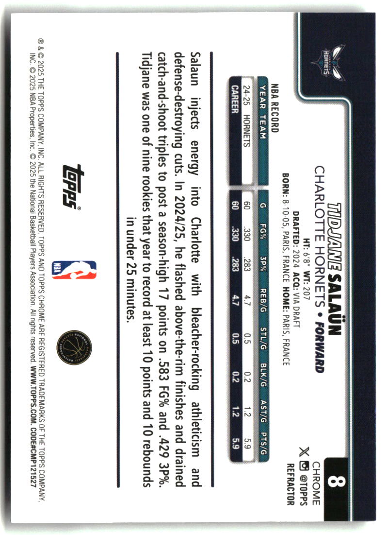 Tidjane Sala�n 2025-26 Topps Chrome Refractor #8