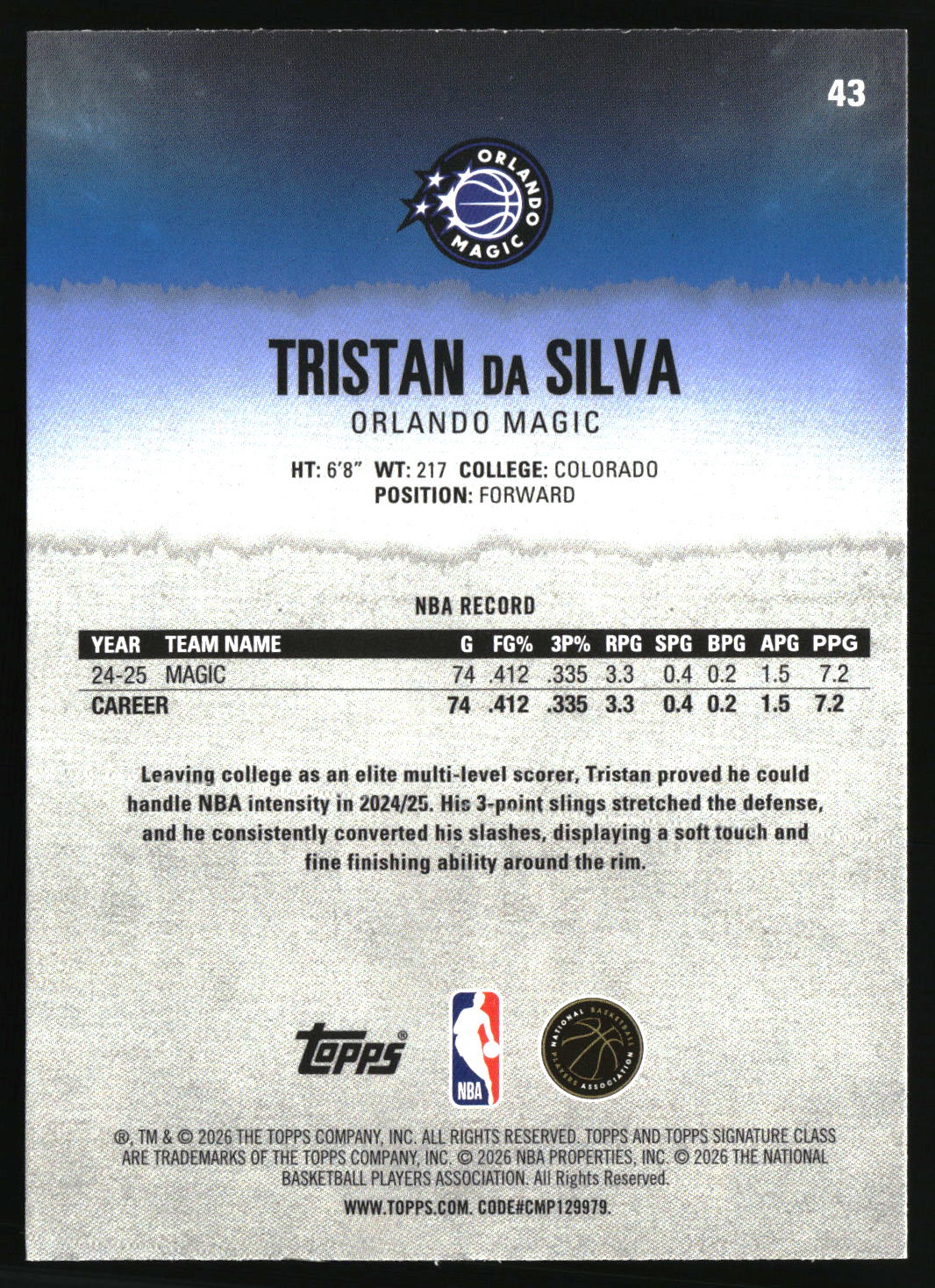 Tristan da Silva 2025-26 Topps Signature Class #43