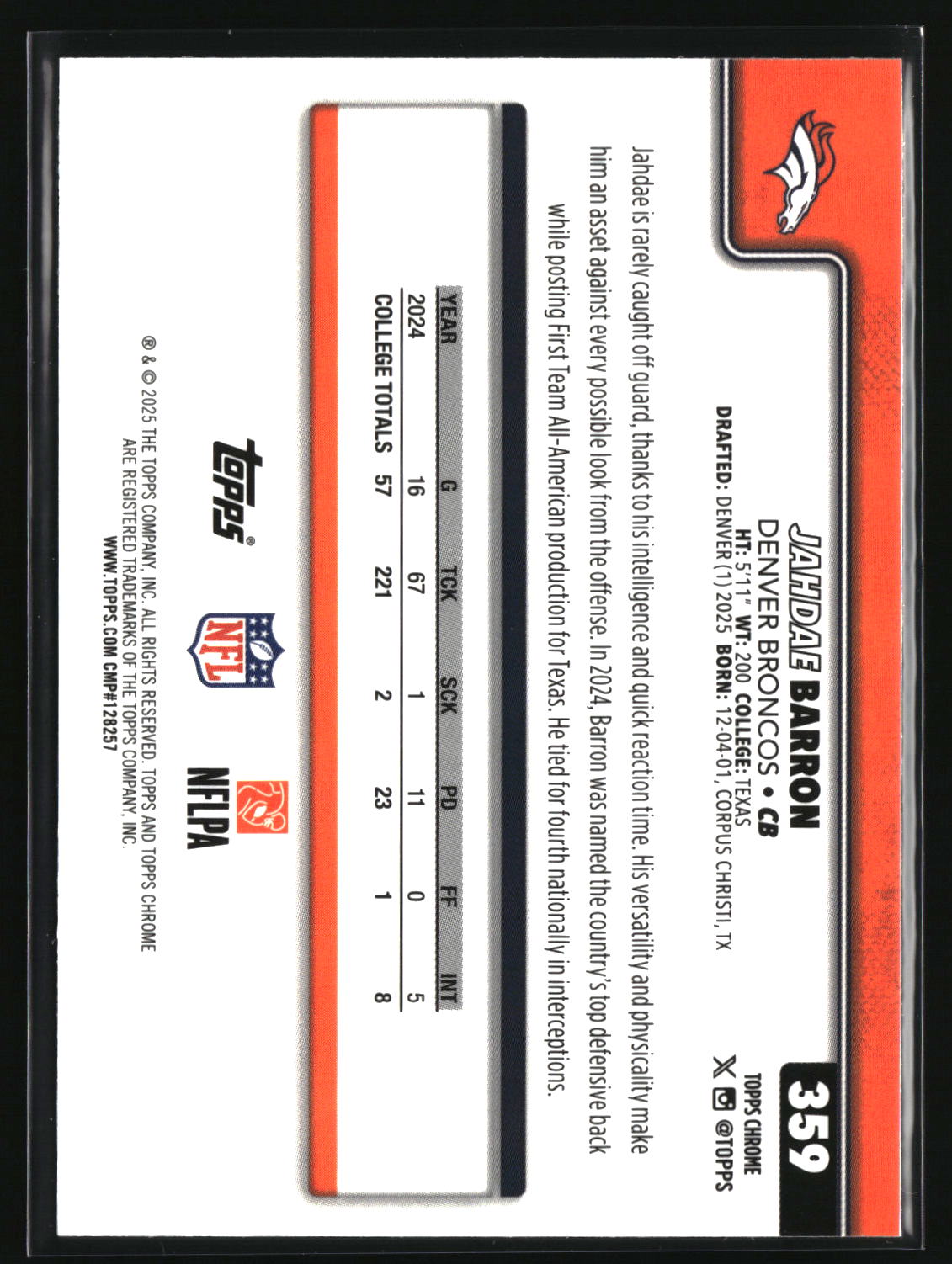 Jahdae Barron 2025 Topps Chrome #359