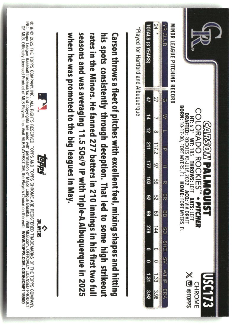 Carson Palmquist 2025 Topps Chrome Update #USC173