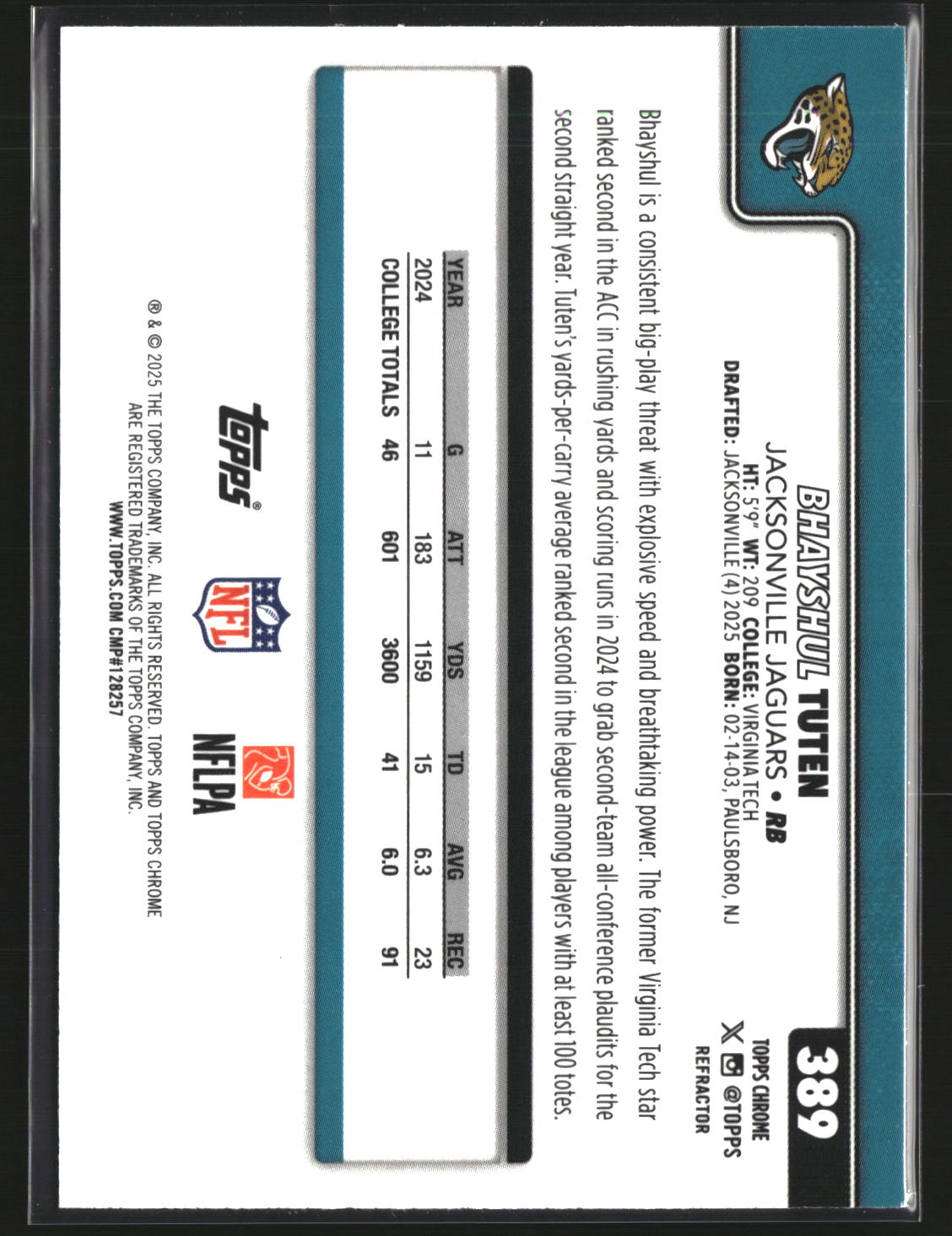 Bhayshul Tuten 2025 Topps Chrome Football Refractor #389