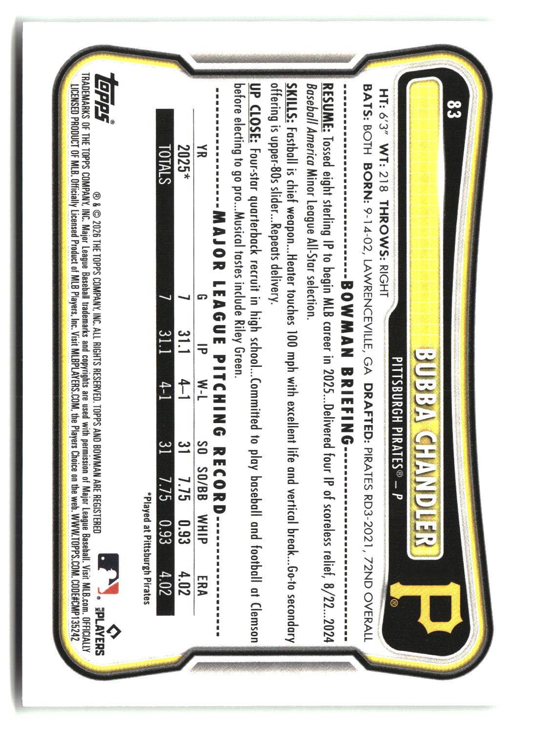 Bubba Chandler 2026 Bowman #83