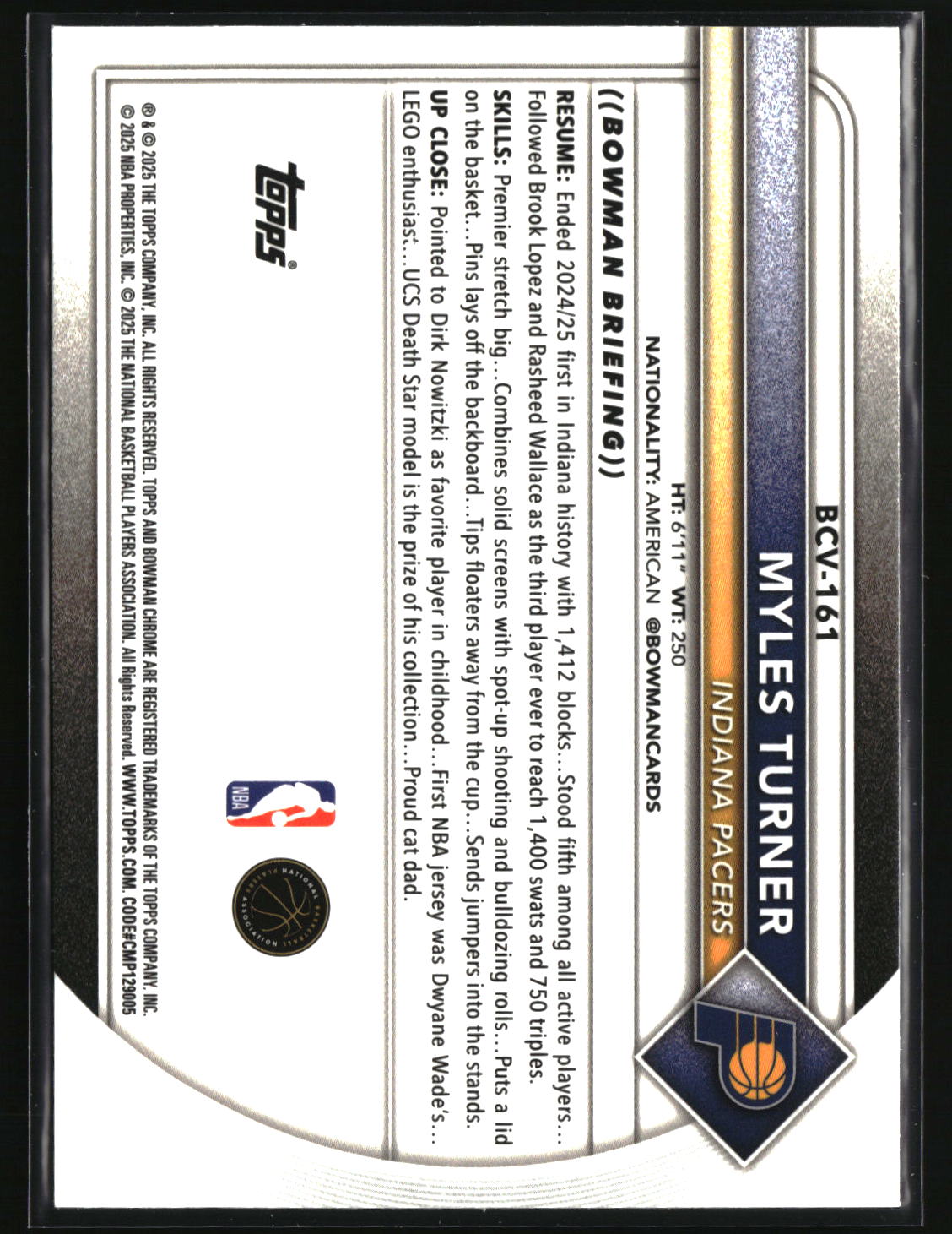 Myles Turner 2025-26 Bowman Chrome Speckle Refractor #BCV-161 #/299