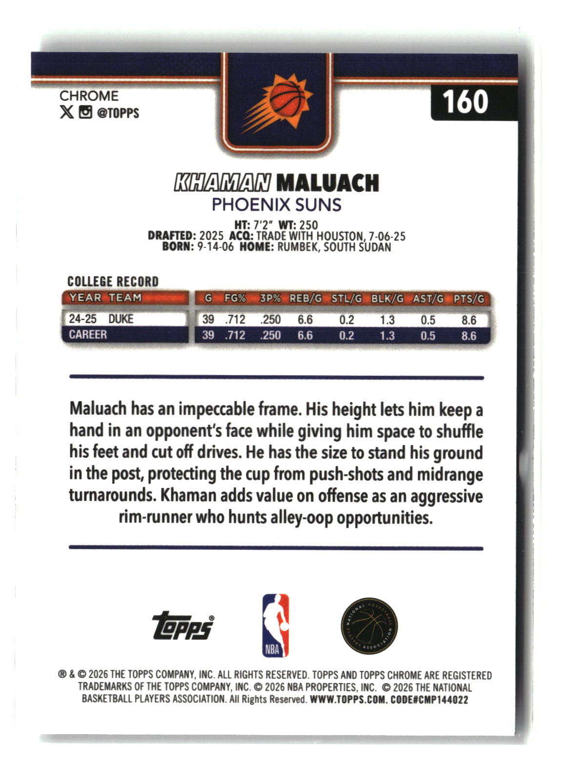 Khaman Maluach 2025-26 Topps Chrome Update #160