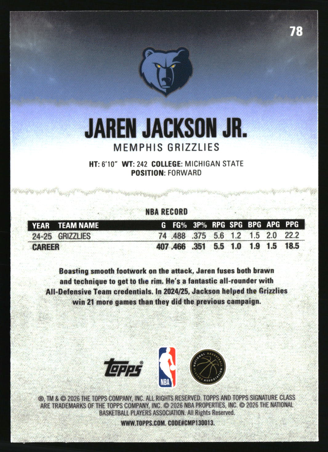 Jaren Jackson Jr. 2025-26 Topps Signature Class Chrome #78