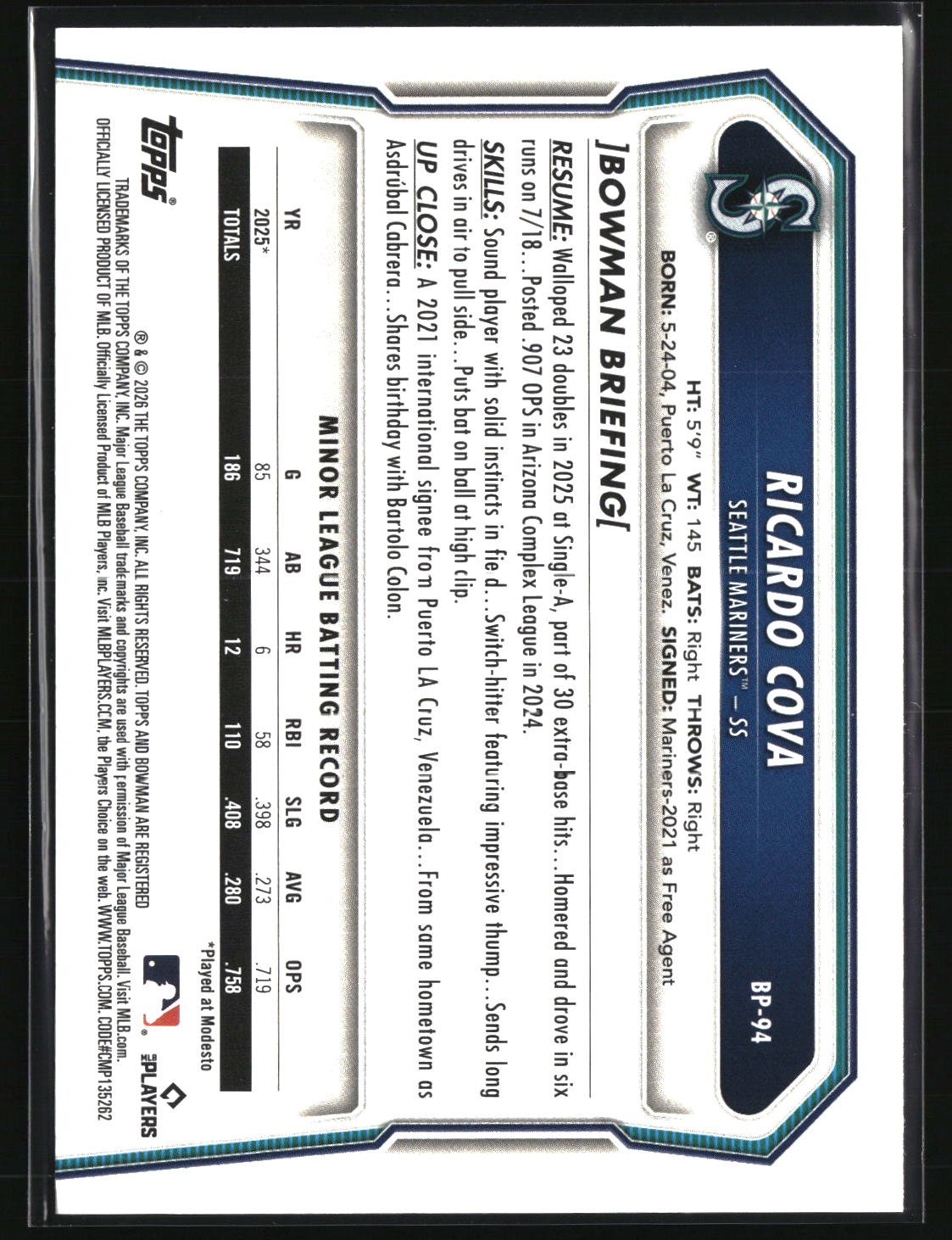 Ricardo Cova 2026 Bowman Prospects #BP-94