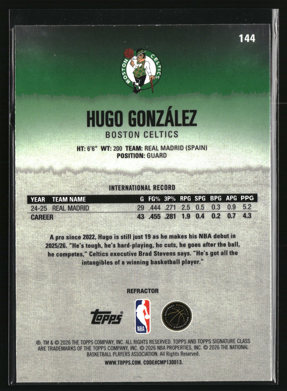 Hugo Gonz�lez 2025-26 Topps Signature Class Chrome Refractors #144
