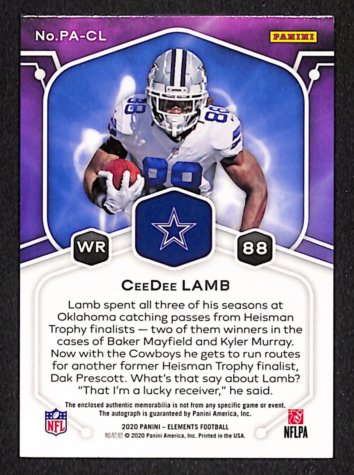 CeeDee Lamb 2020 Panini Elements Proton Patch Autographs #PA-CL #/50