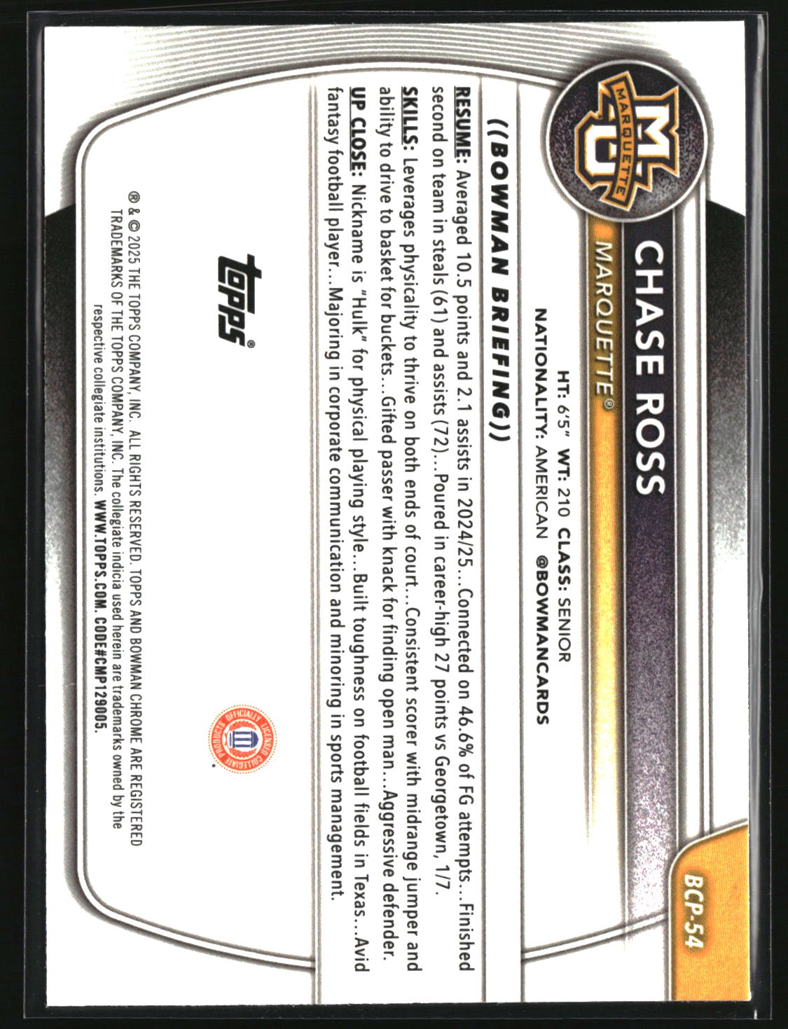 Chase Ross 2025-26 Bowman Chrome Prospects Reptilian Refractor #BCP-54