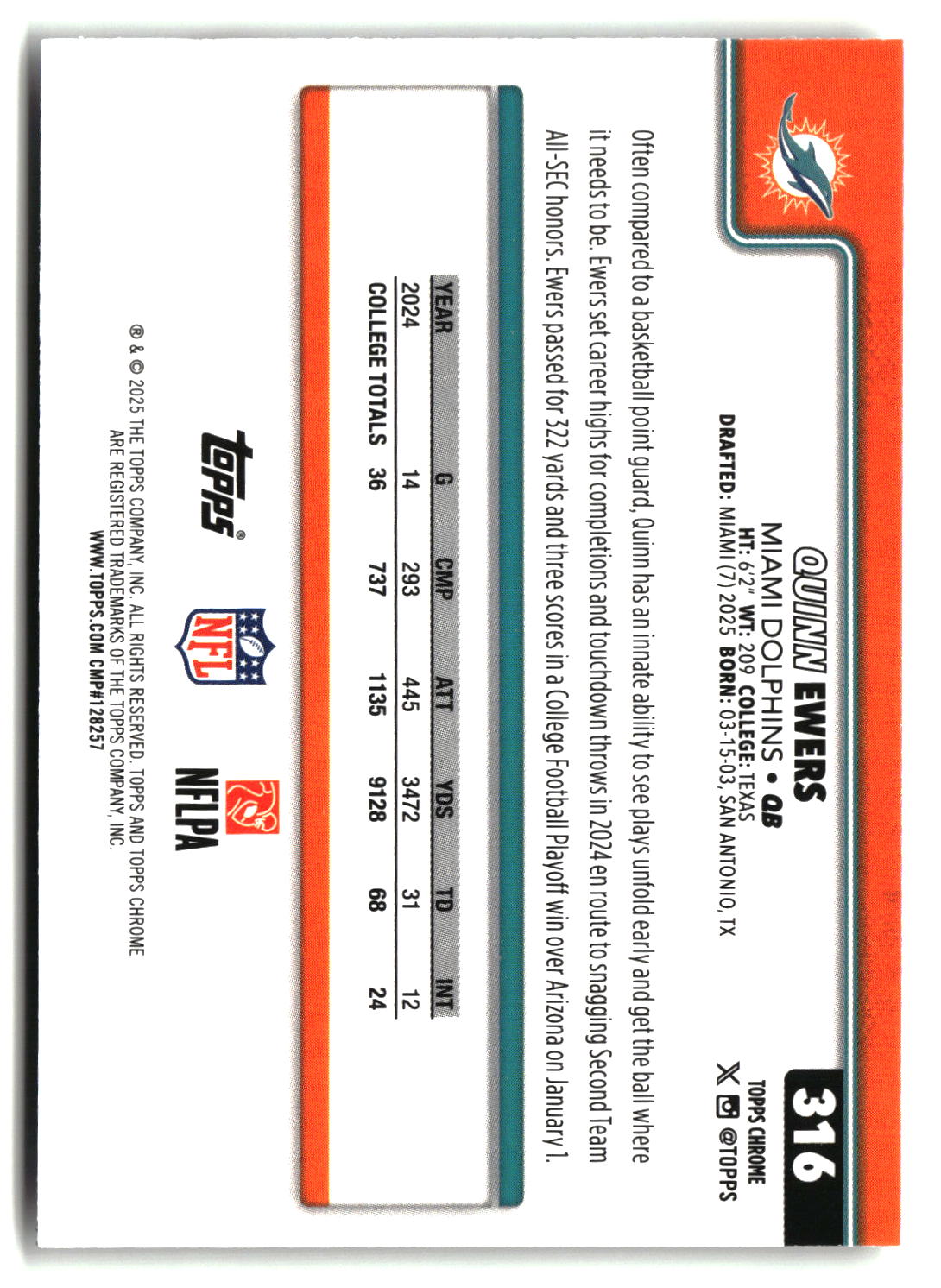 Quinn Ewers 2025 Topps Chrome #316