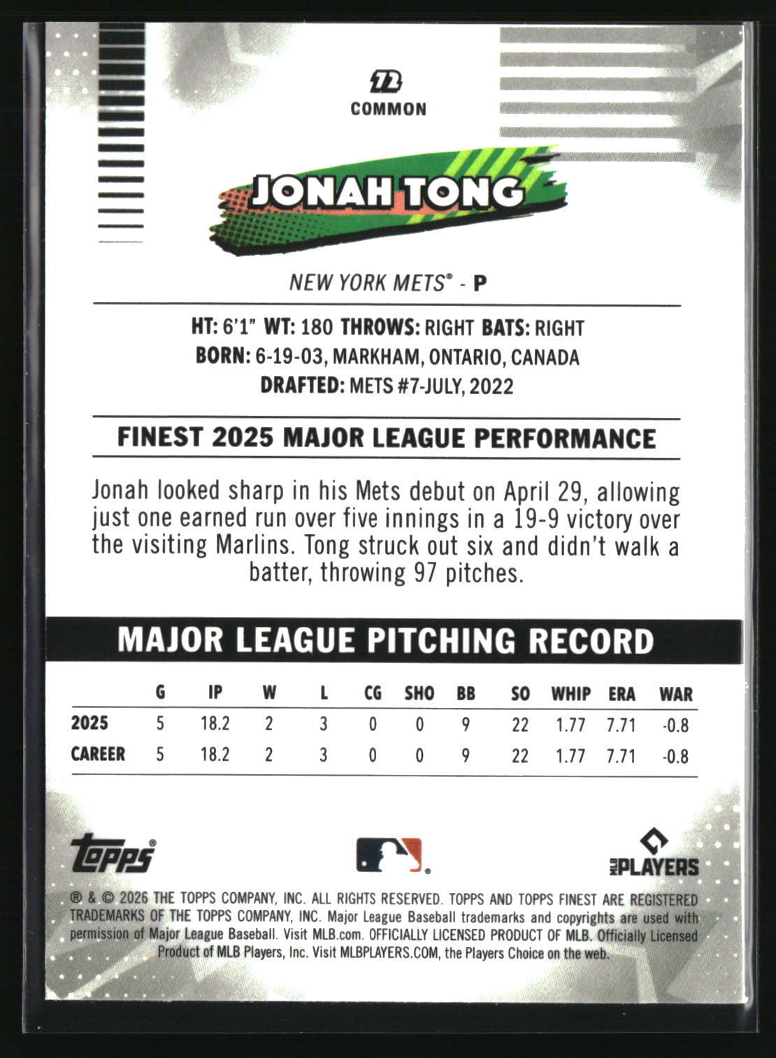 Jonah Tong 2026 Finest #72