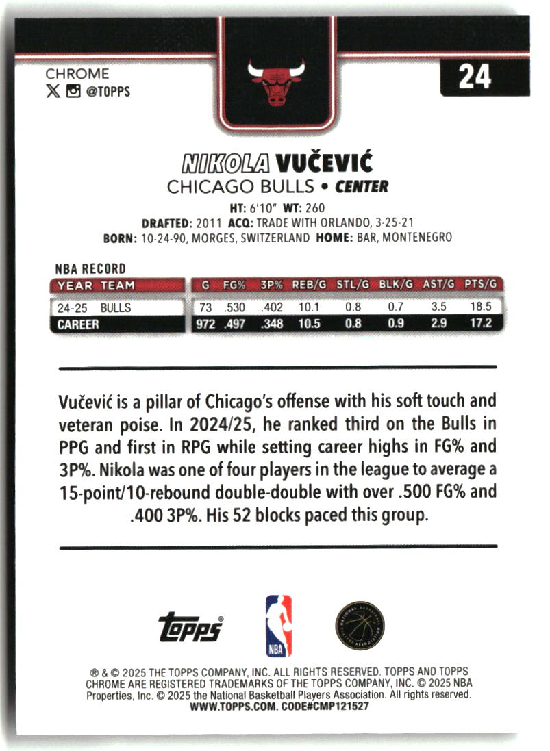 Nikola Vu?evi? 2025-26 Topps Chrome Prism Refractor #24