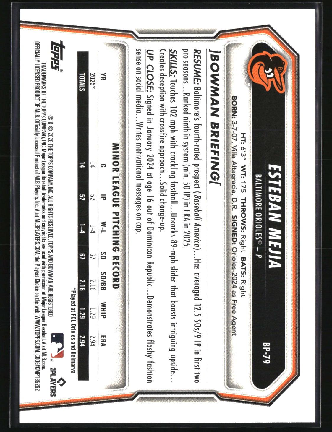 Esteban Mejia 2026 Bowman Prospects #BP-79