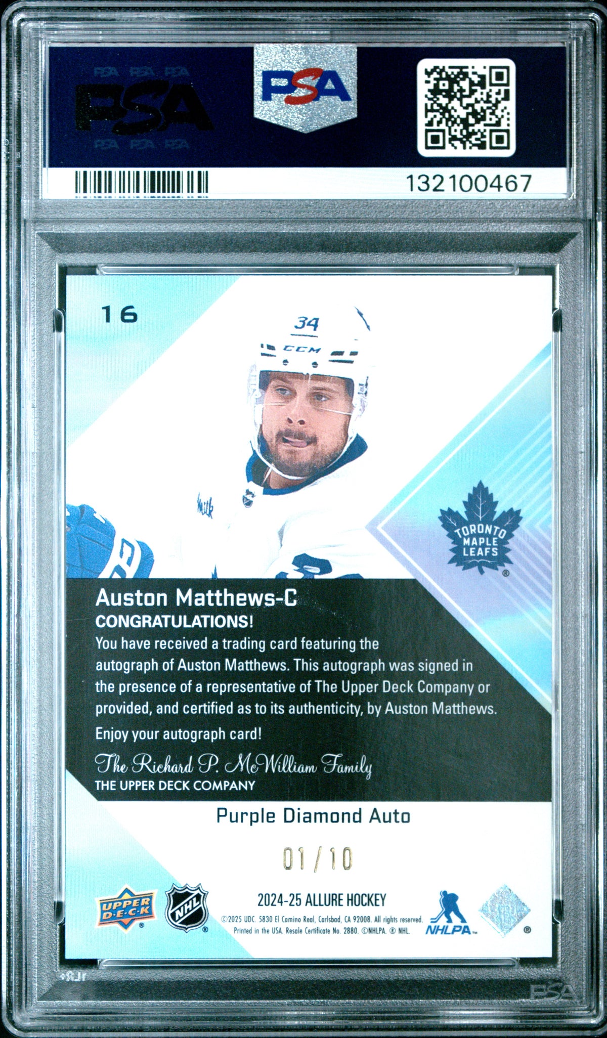 Auston Matthews 2024-25 Upper Deck Allure Auto Purple Diamond #16 #/10 PSA 10