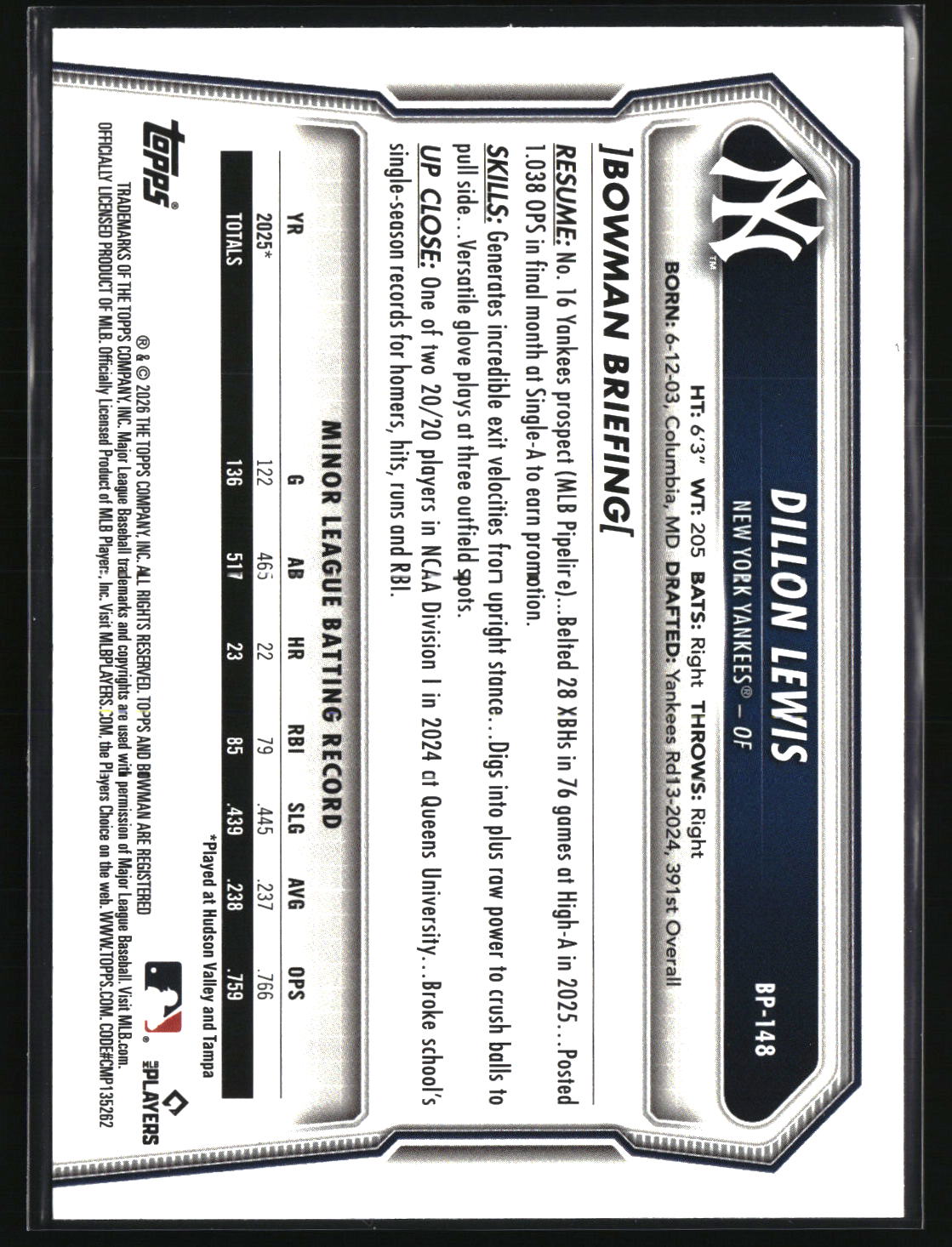 Dillon Lewis 2026 Bowman Prospects #BP-148