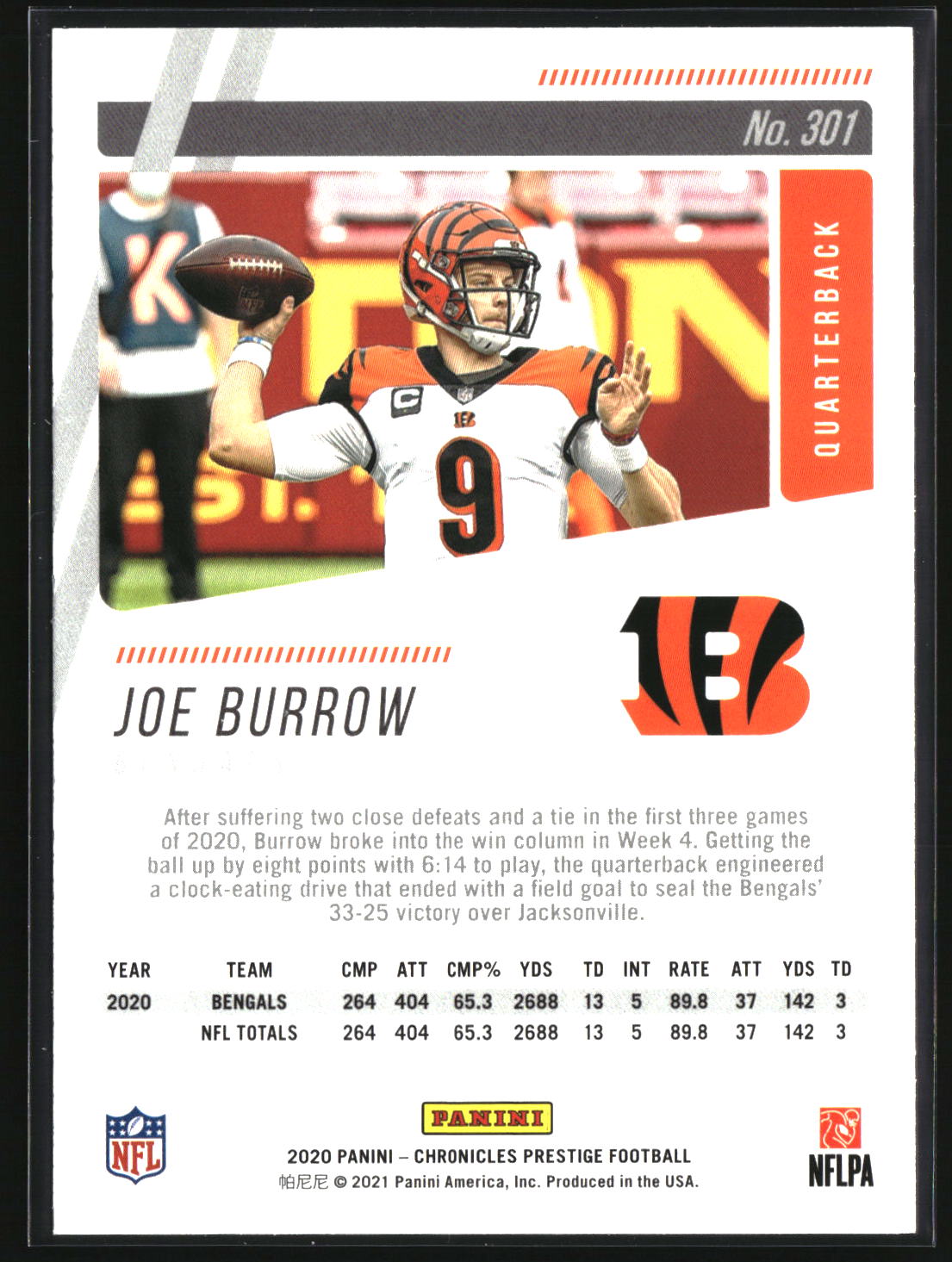 Joe Burrow 2020 Panini Chronicles Prestige Rookies Update #301