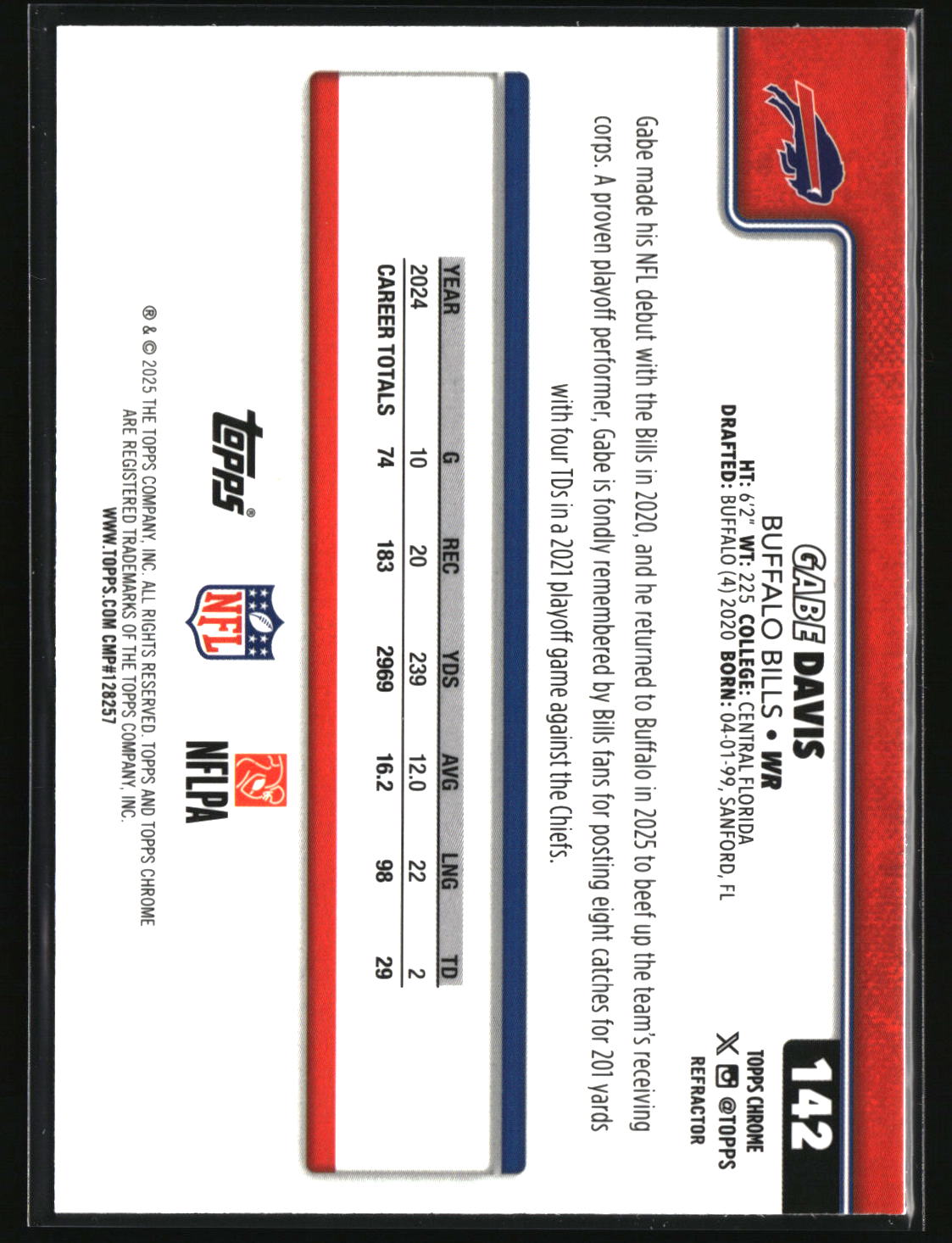 Gabe Davis 2025 Topps Chrome - Topps Refractor #142