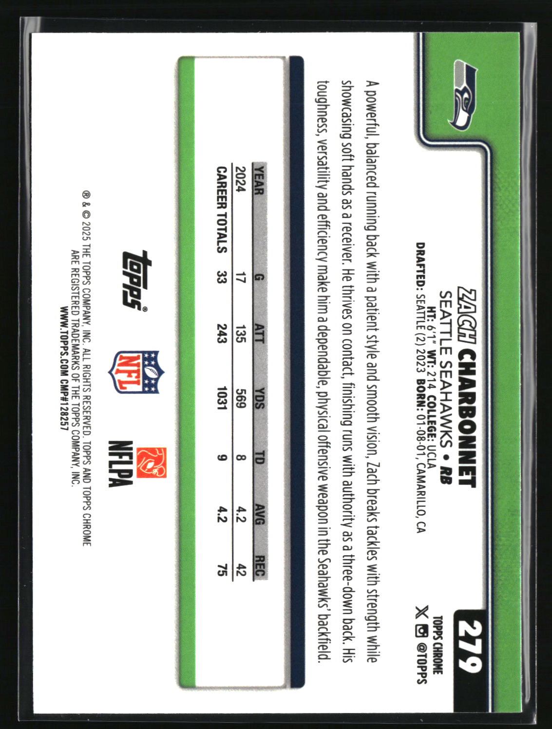Zach Charbonnet 2025 Topps Chrome Pulsar Refractor #279