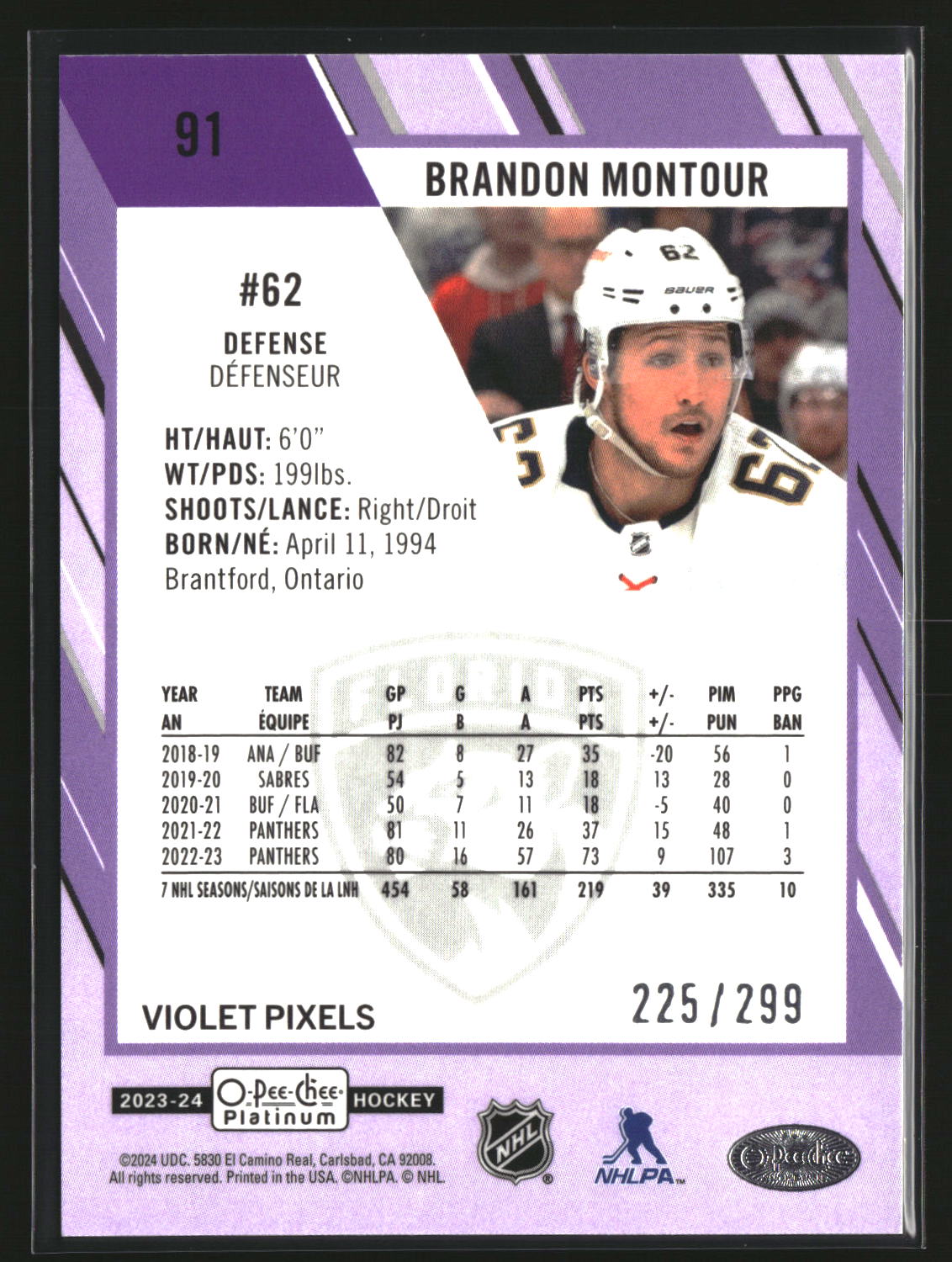 Brandon Montour 2023-24 O-Pee-Chee Platinum Violet Pixels #91 #/299