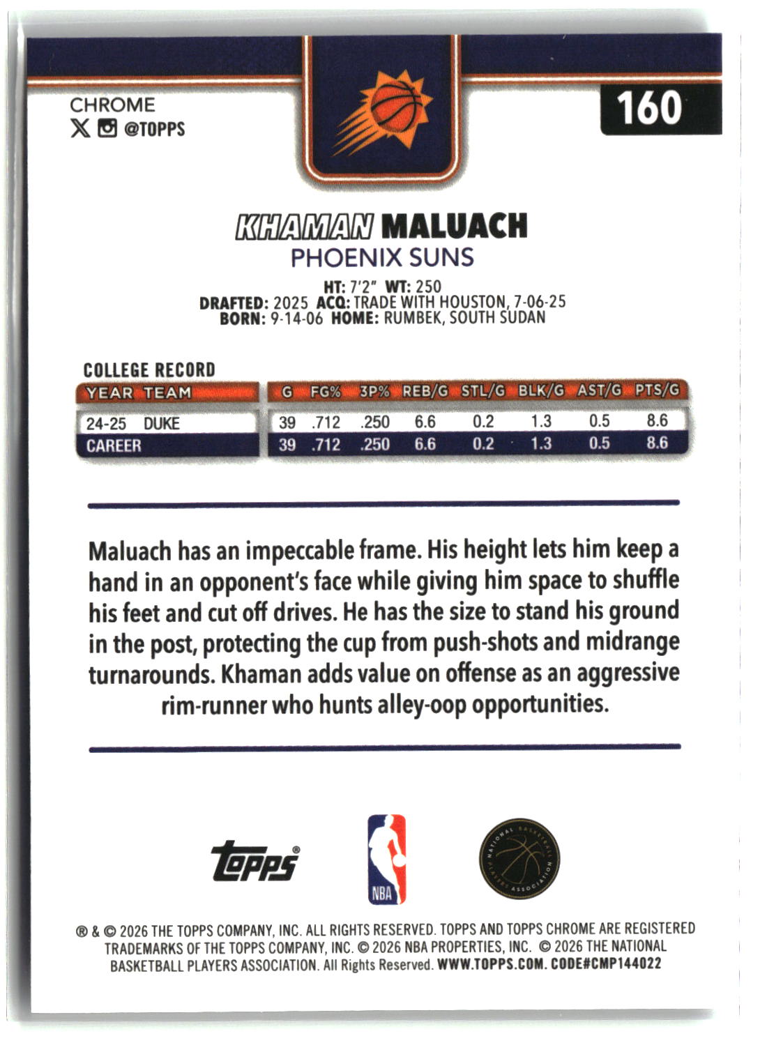 Khaman Maluach 2025-26 Topps Chrome Update #160