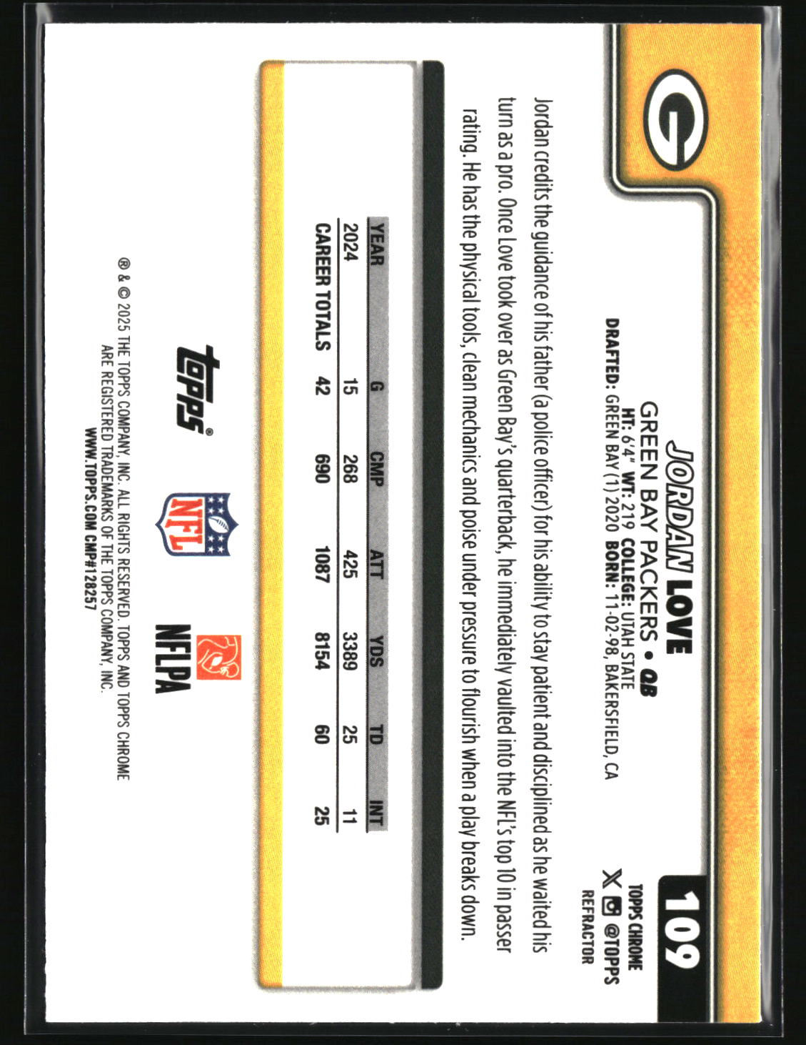 Jordan Love 2025 Topps Chrome - Topps Refractor #109