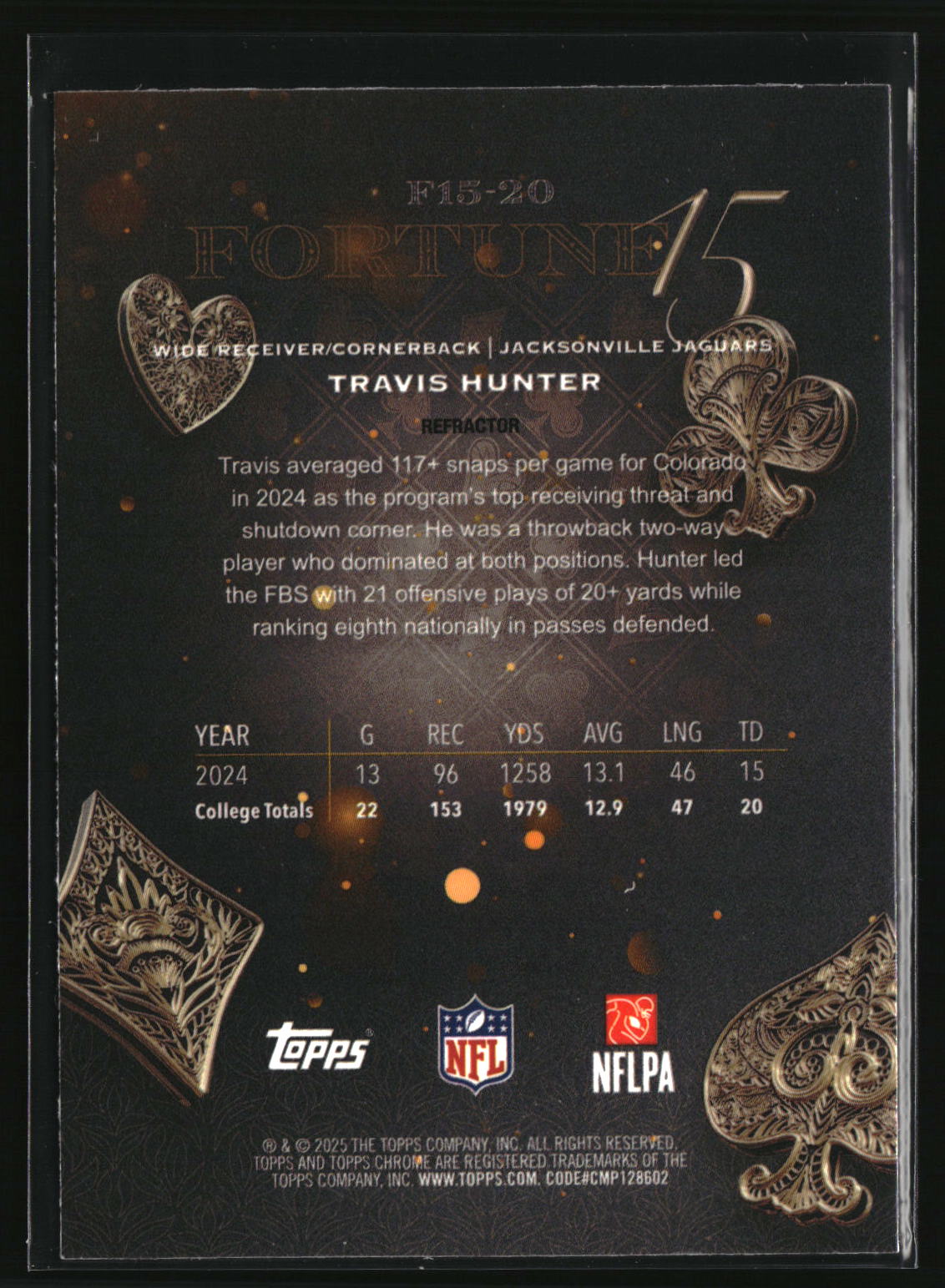 Travis Hunter 2025 Topps Chrome Fortune 15 Refractor #F15-20