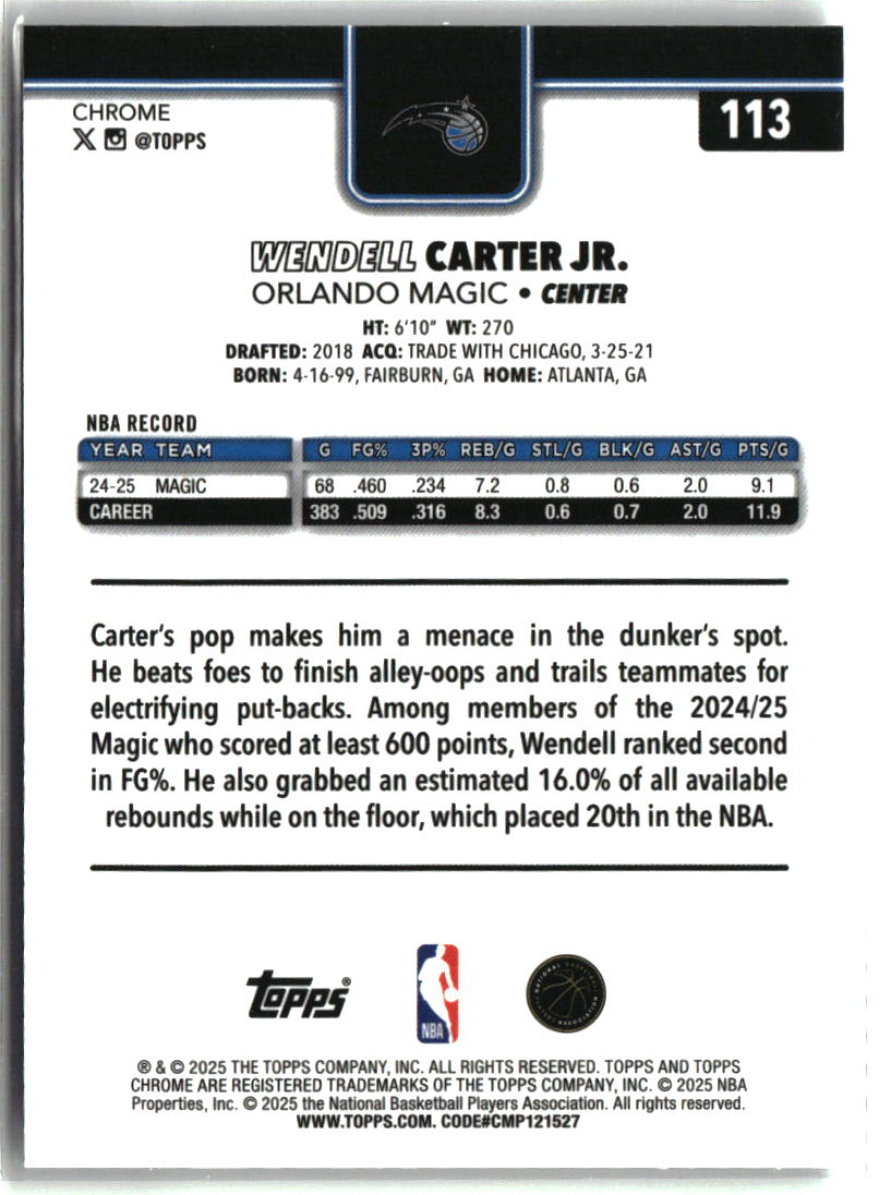 Wendell Carter Jr. 2025-26 Topps Chrome Negative Refractor #113