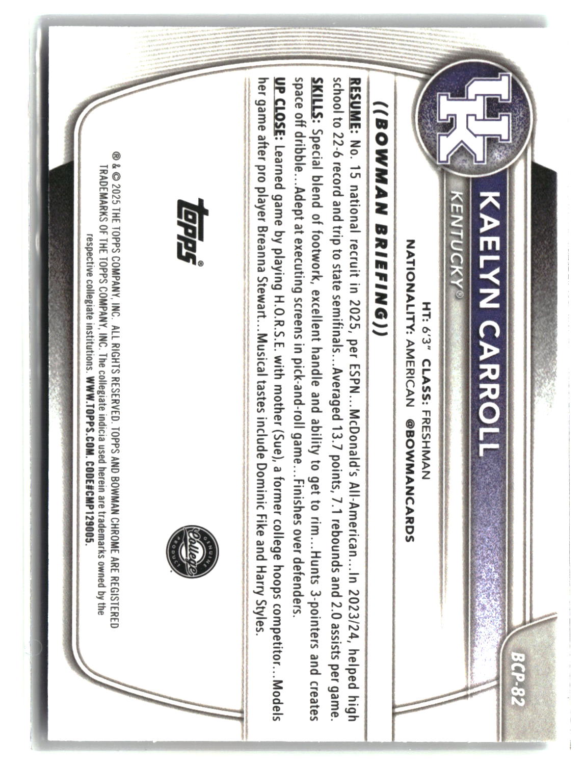 Kaelyn Carroll 2025-26 Bowman Chrome Prospects Mojo Refractor #BCP-82