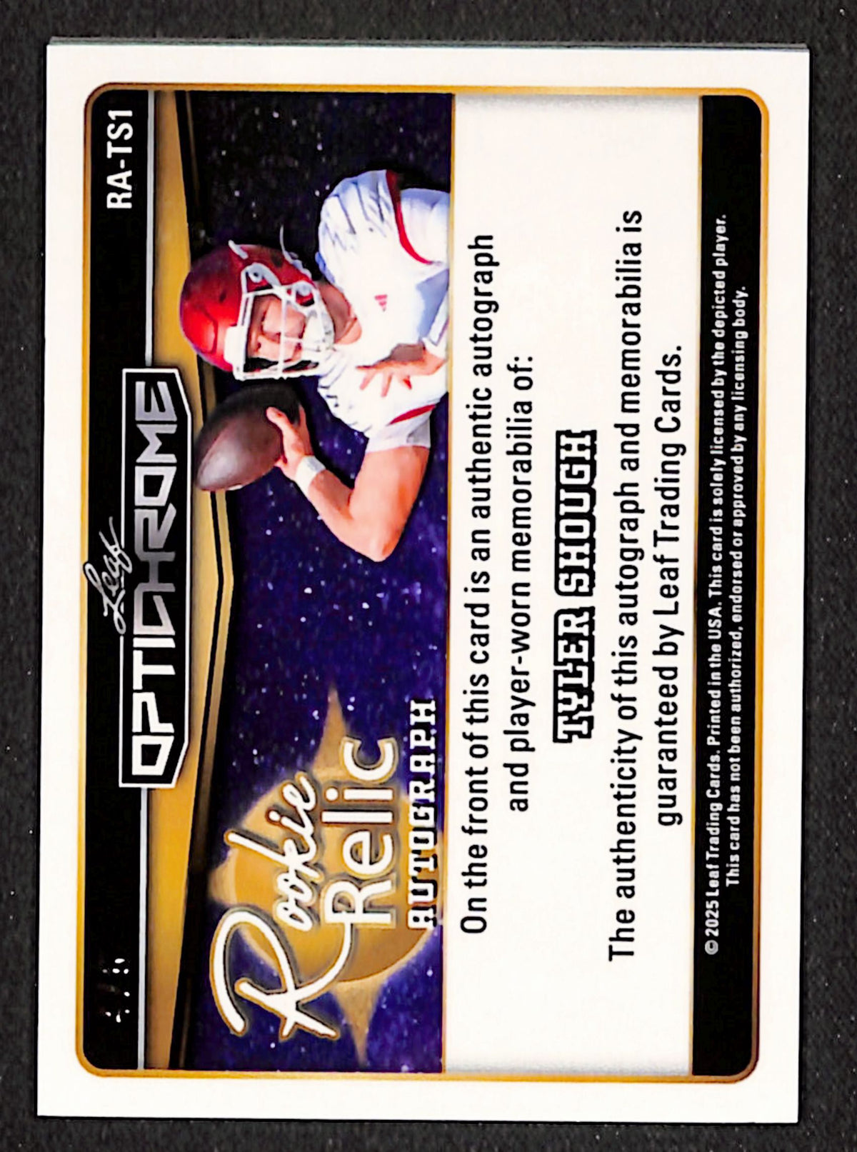 Tyler Shough 2025 Leaf Optichrome Rookie Relic Autographs Lava Green #RA-TS1 #/6